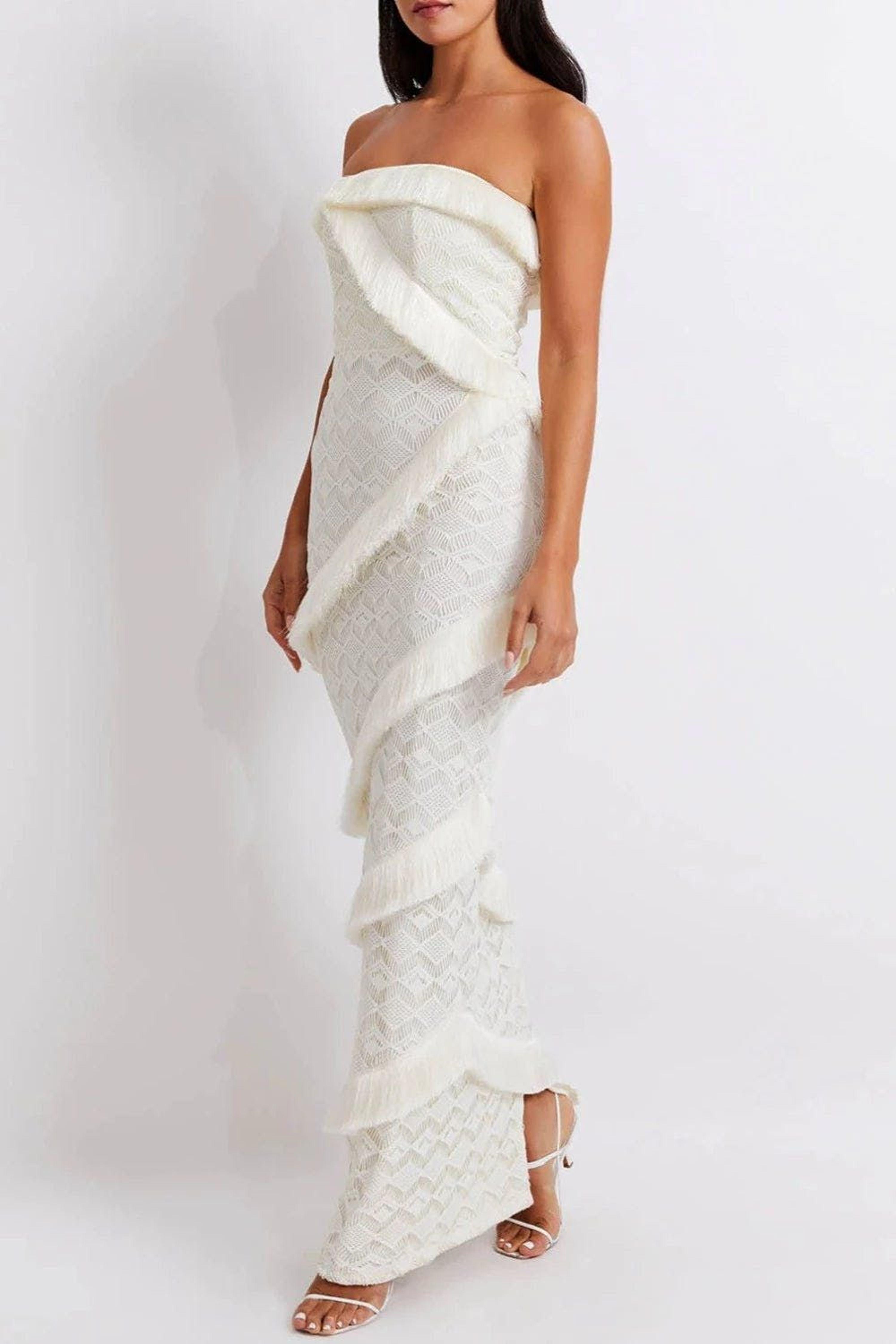 PATBO Crochet Strapless Fringe Trim Maxi Dress in White Lyst