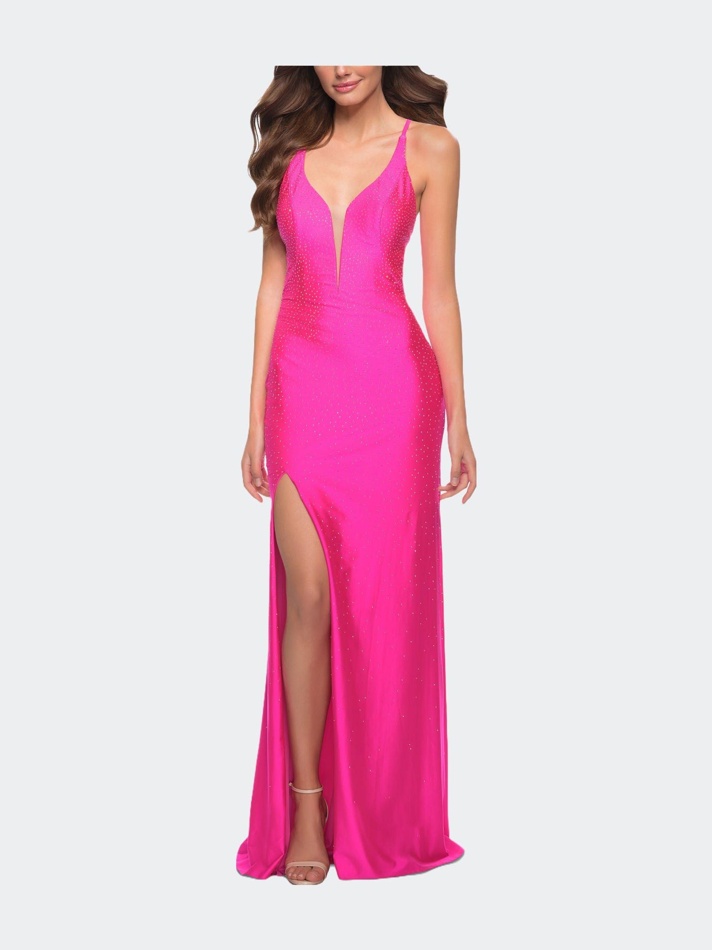 La Femme Neon Prom Gown With Rhinestone Fabric And Deep V in Pink | Lyst