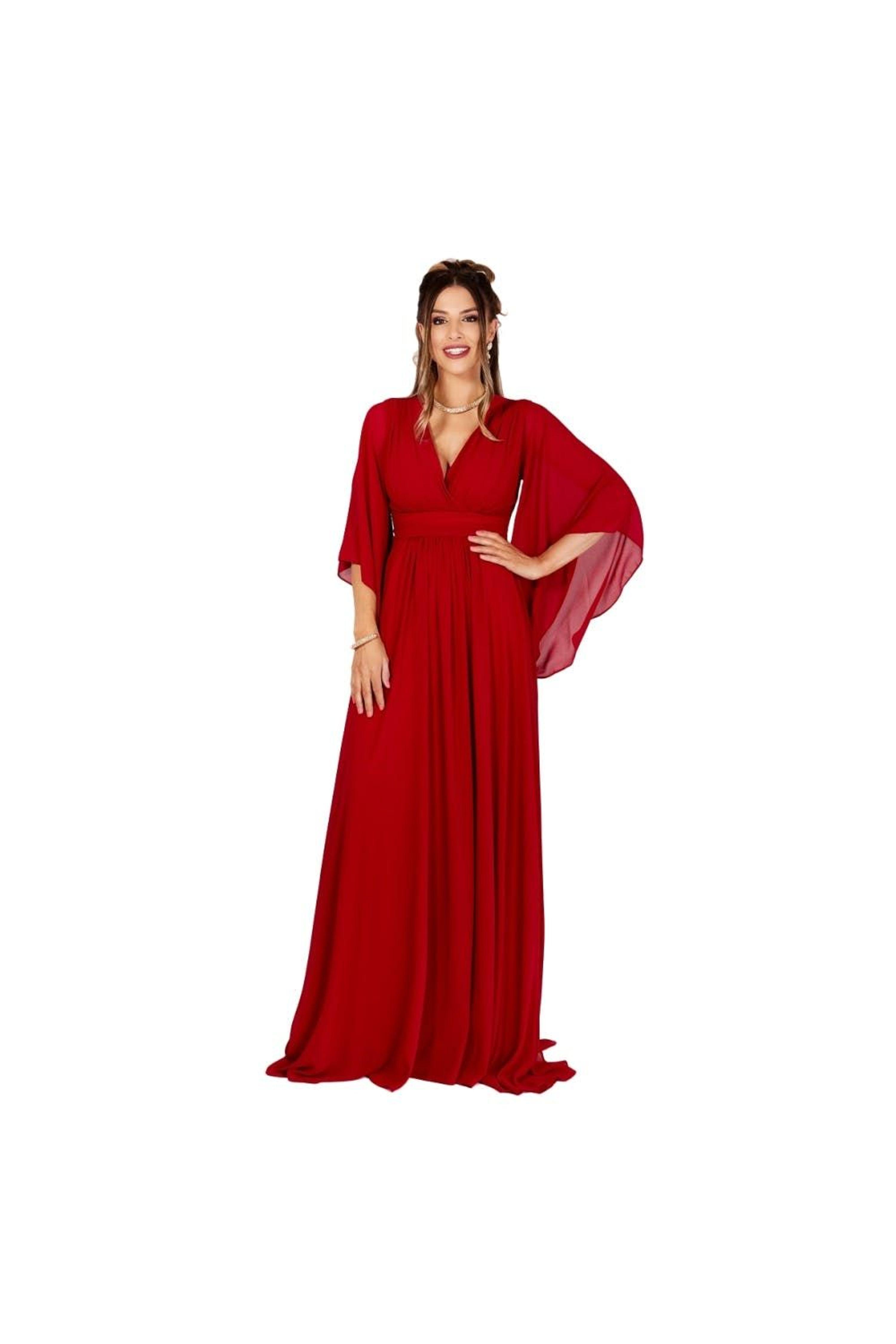 Krisp Chiffon Wrap Angel Sleeve Maxi Dress in Red | Lyst