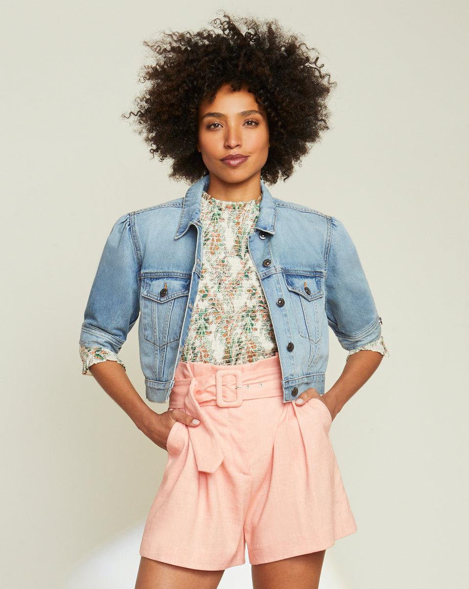 Veronica Beard Raina Short-sleeved Denim Jacket in Blue