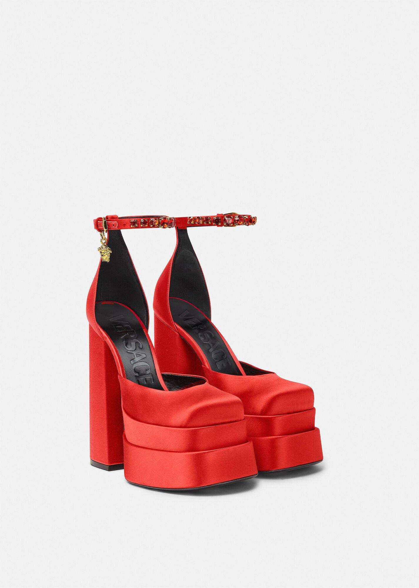 red platform pumps