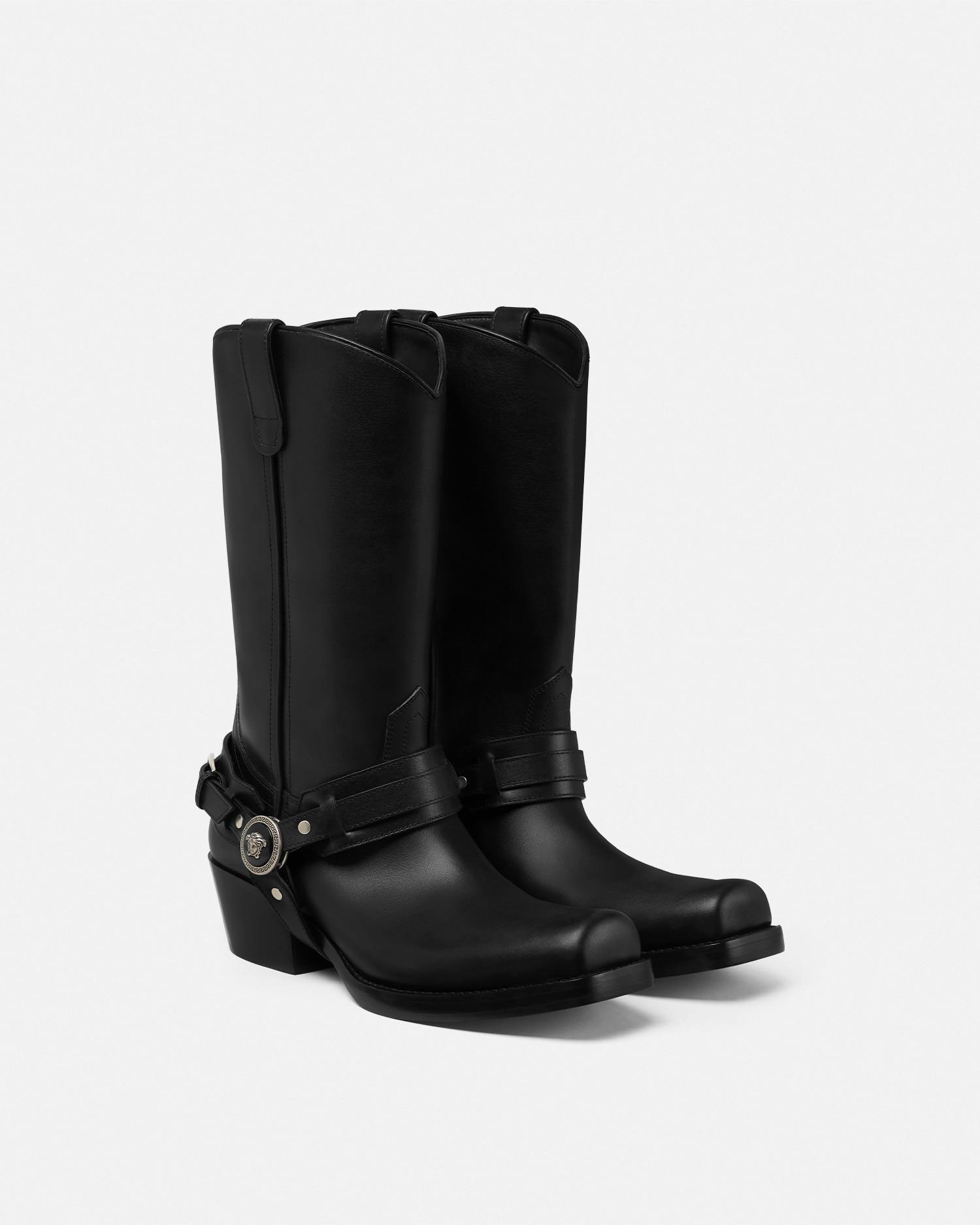 靴 VERSACE Harness design Side-gore Boots Vintage 1990s Gianni Versace Black Leather & Suede Harness