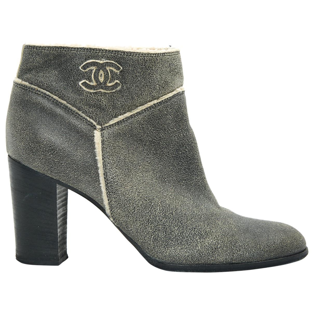 Chanel Crackled Leather Cc Ankle Boots Grey in Gray Lyst
