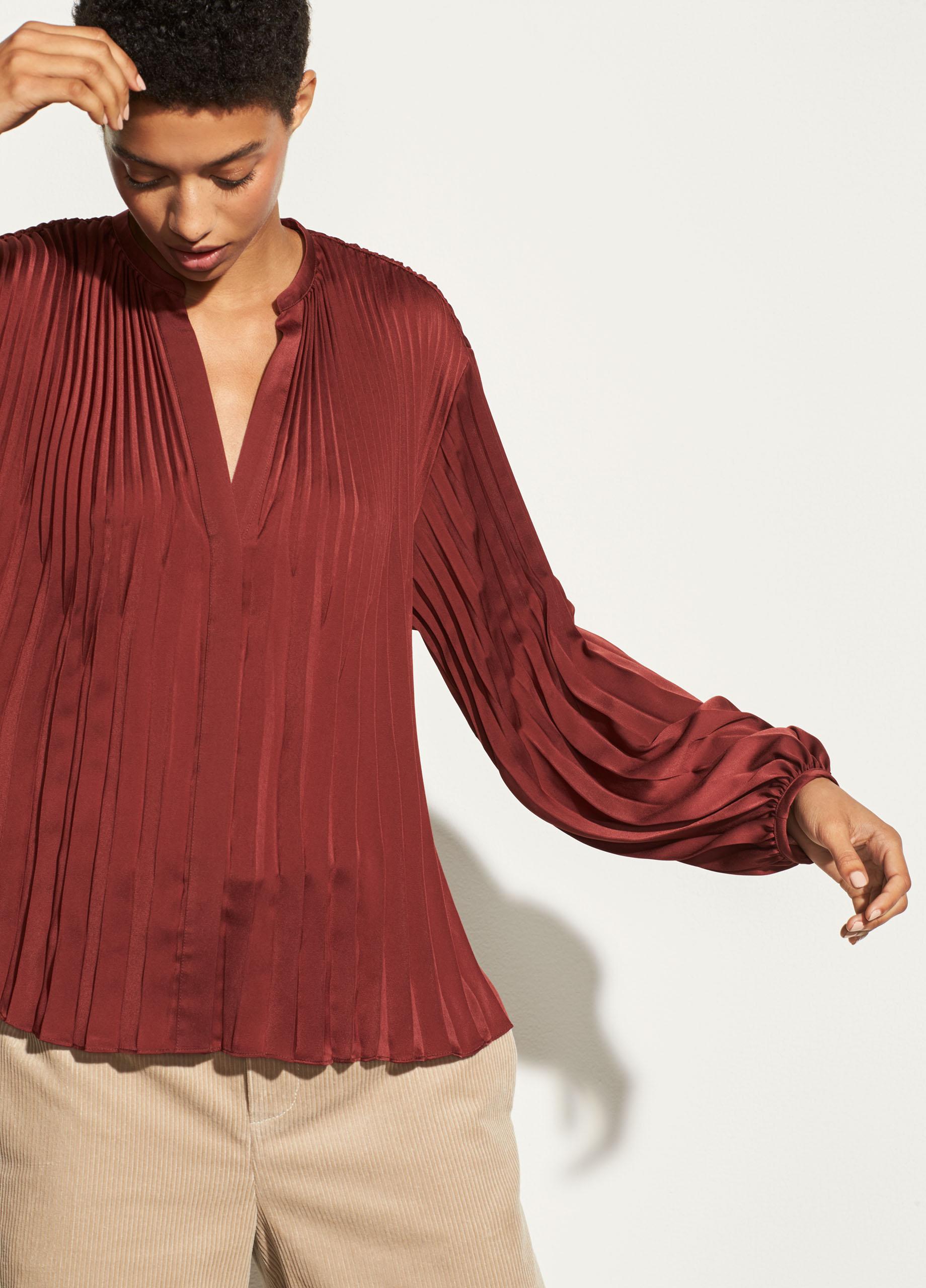 Vince Chevron Pleated Blouse in Red | Lyst