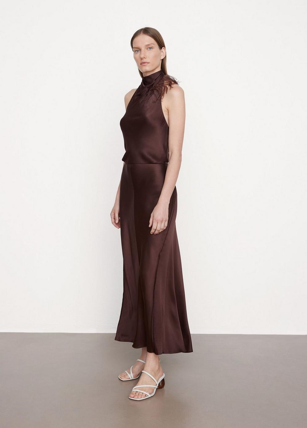 Vince Feather-embellished Drape-neck Halter Dress in Brown