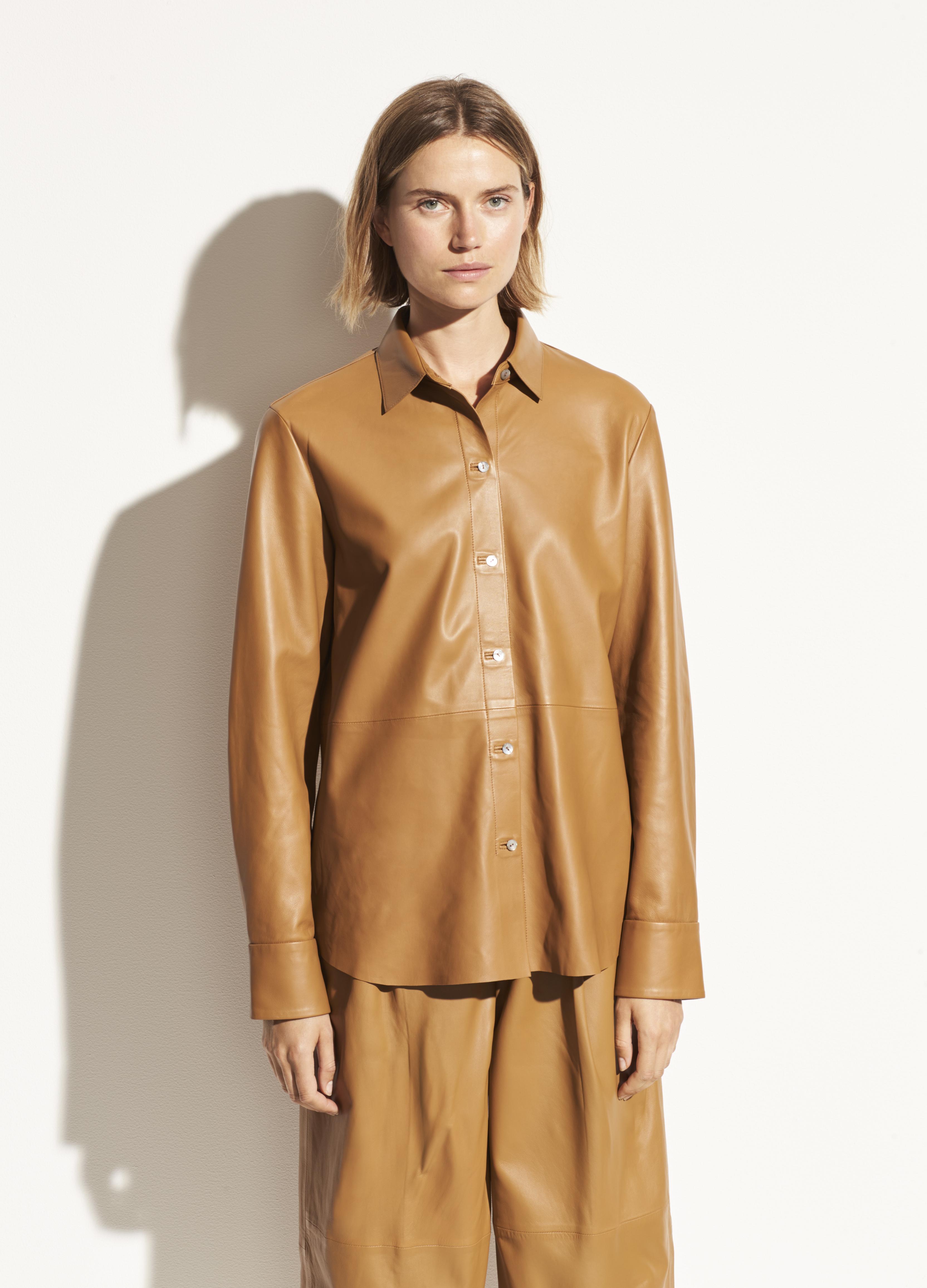 Vince Leather Shirt in Dark Camel 