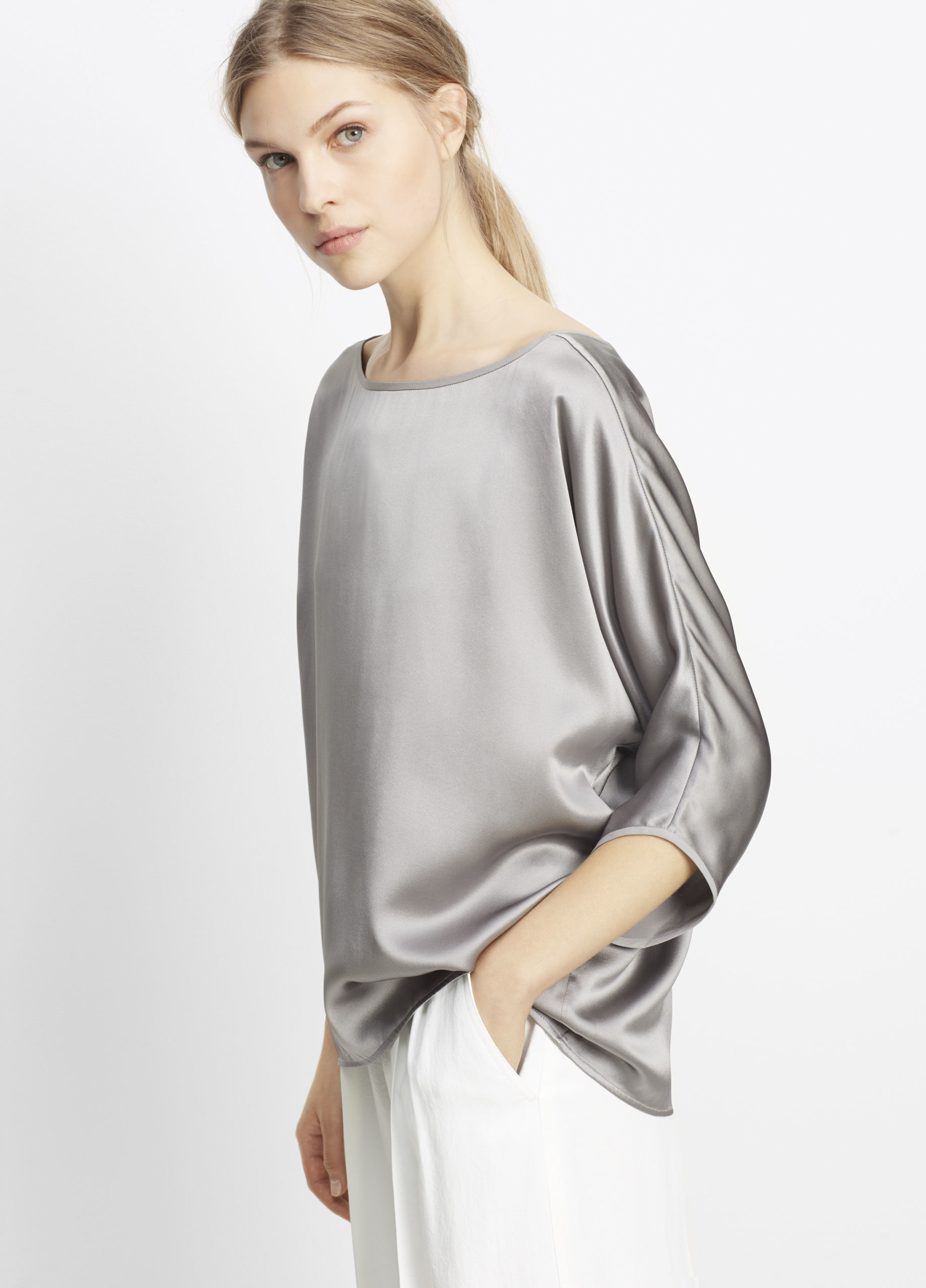 Vince Silk Satin Envelope Sleeve Blouse in Gray | Lyst