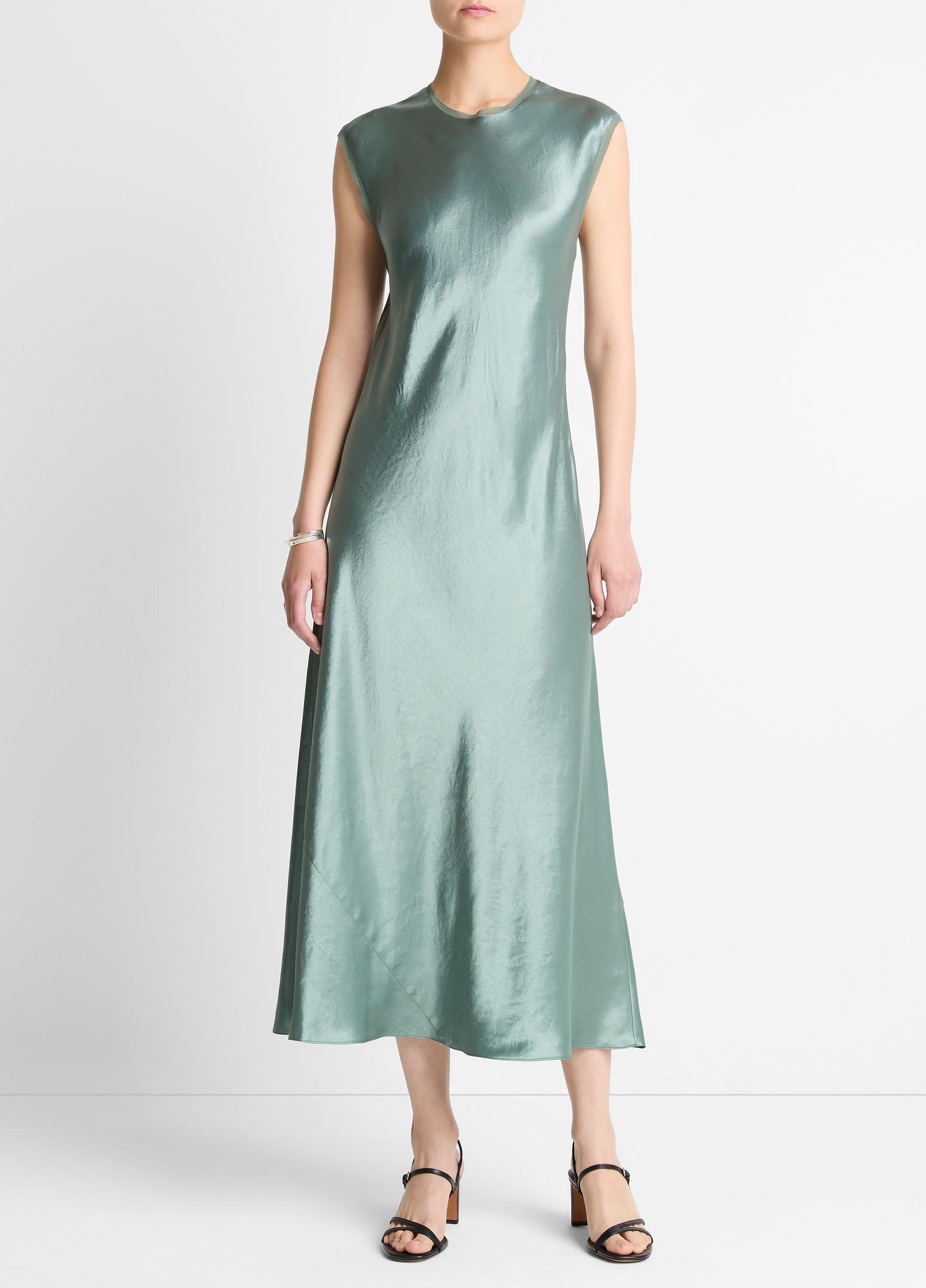 vince green slip dress Vince Satin Cap-Sleeve Slip Dress in Green