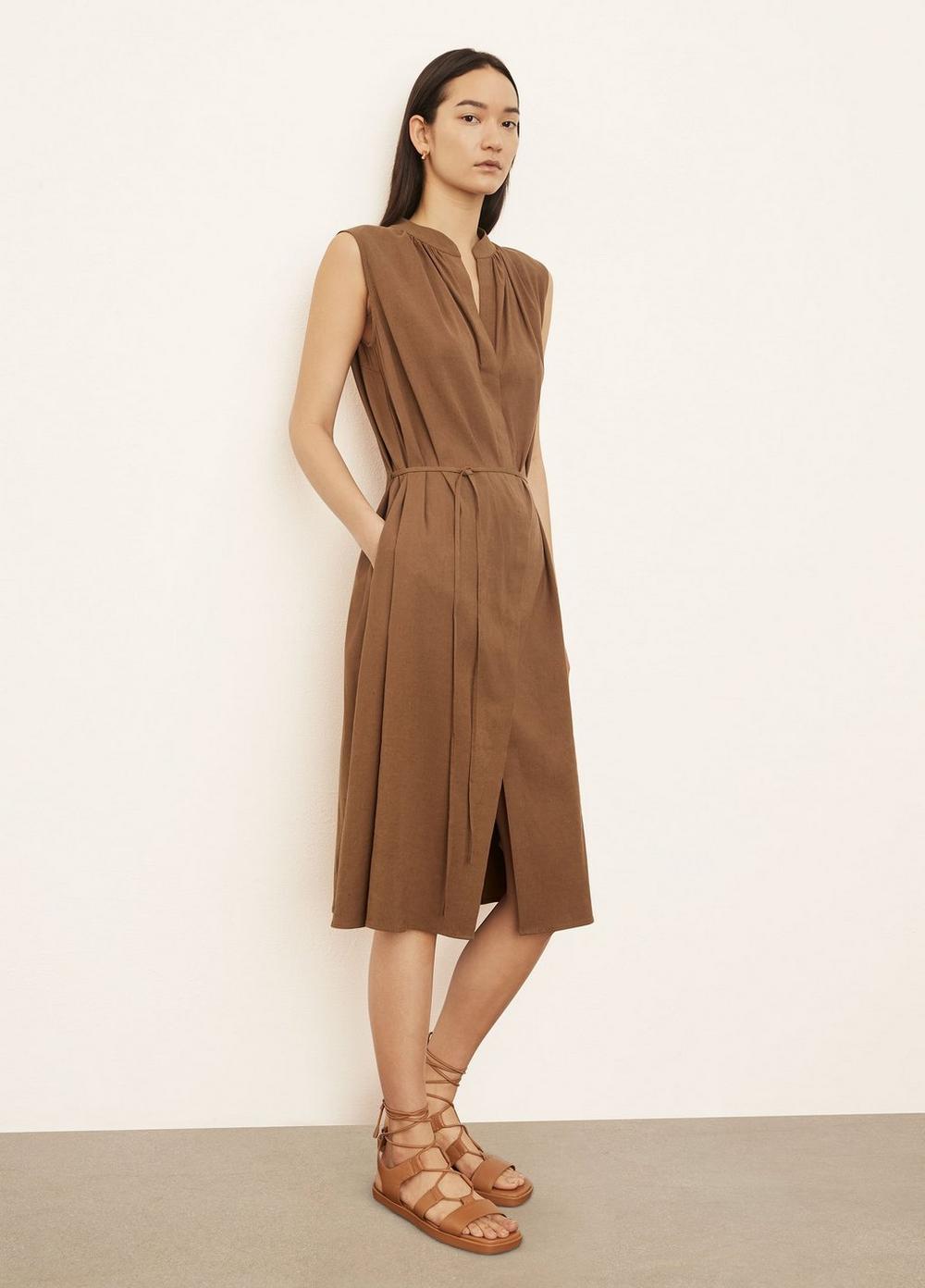 Vince Linen Sleeveless Shirred Band Collar Dress in Brown | Lyst Canada