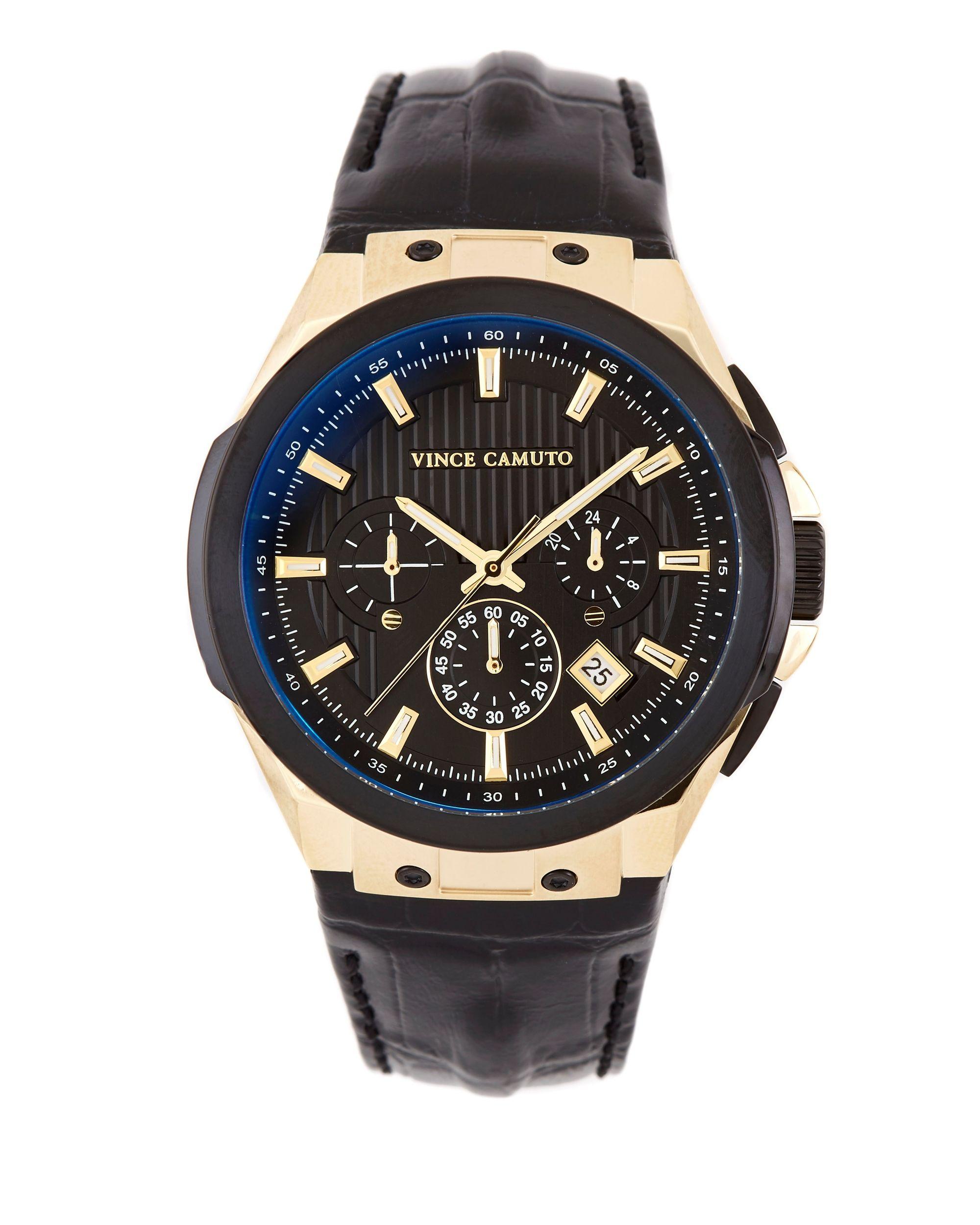 Vince Camuto Black & Goldtone Croc Leather-band Subdial Watch for Men ...