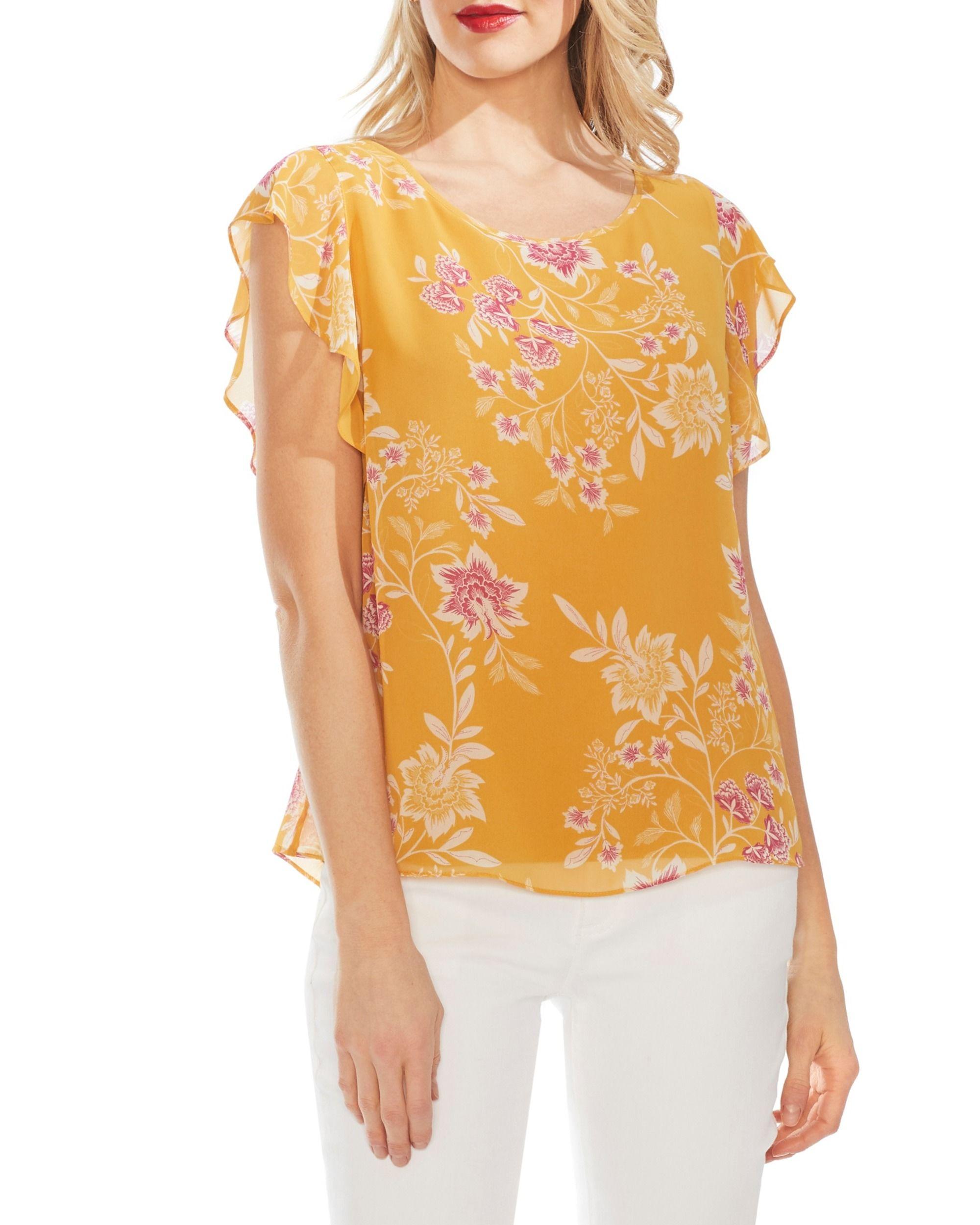 Vince Camuto Chiffon Floralprint Fluttersleeve Blouse in Yellow Lyst