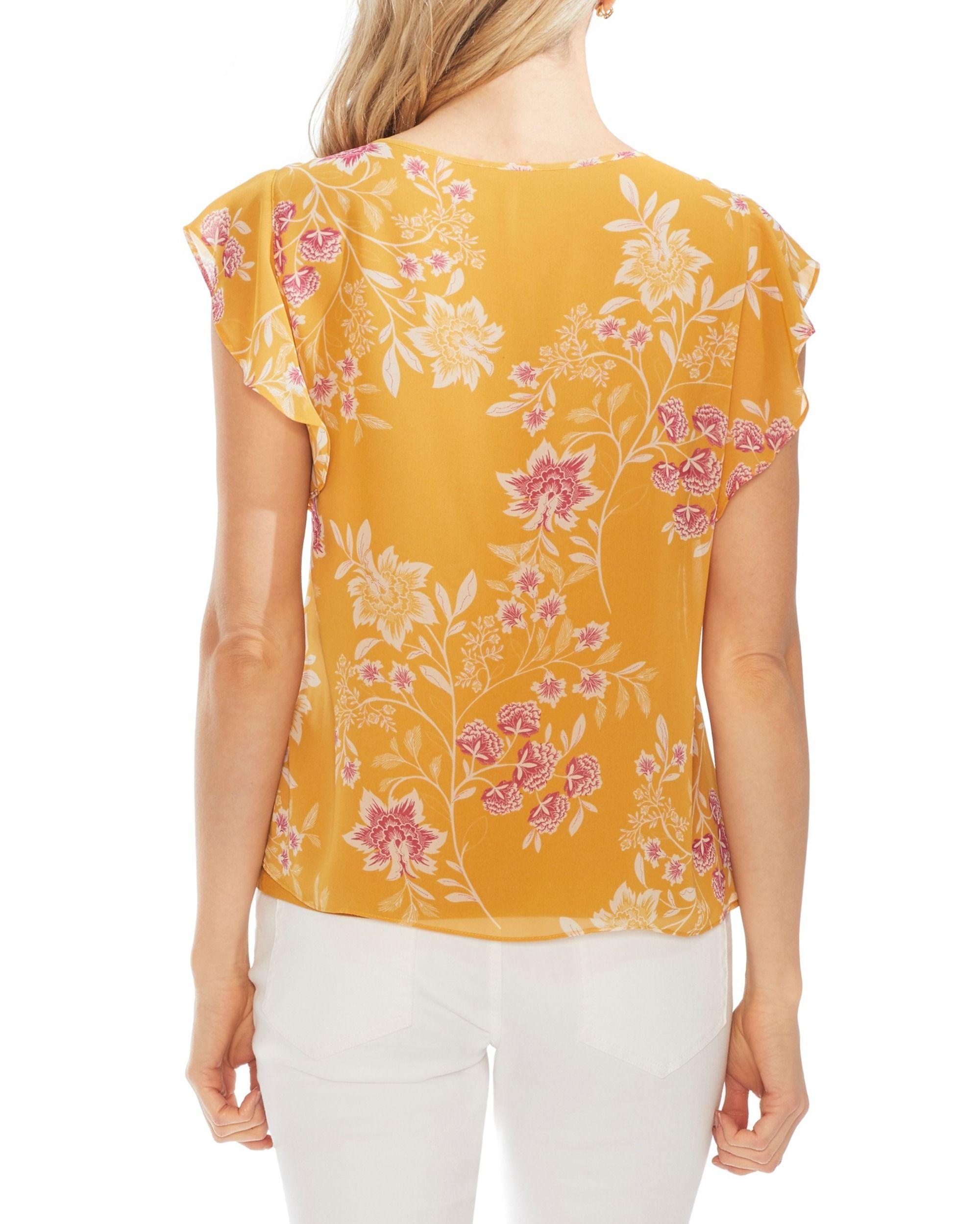 Vince Camuto Chiffon Floral-print Flutter-sleeve Blouse in Yellow - Lyst
