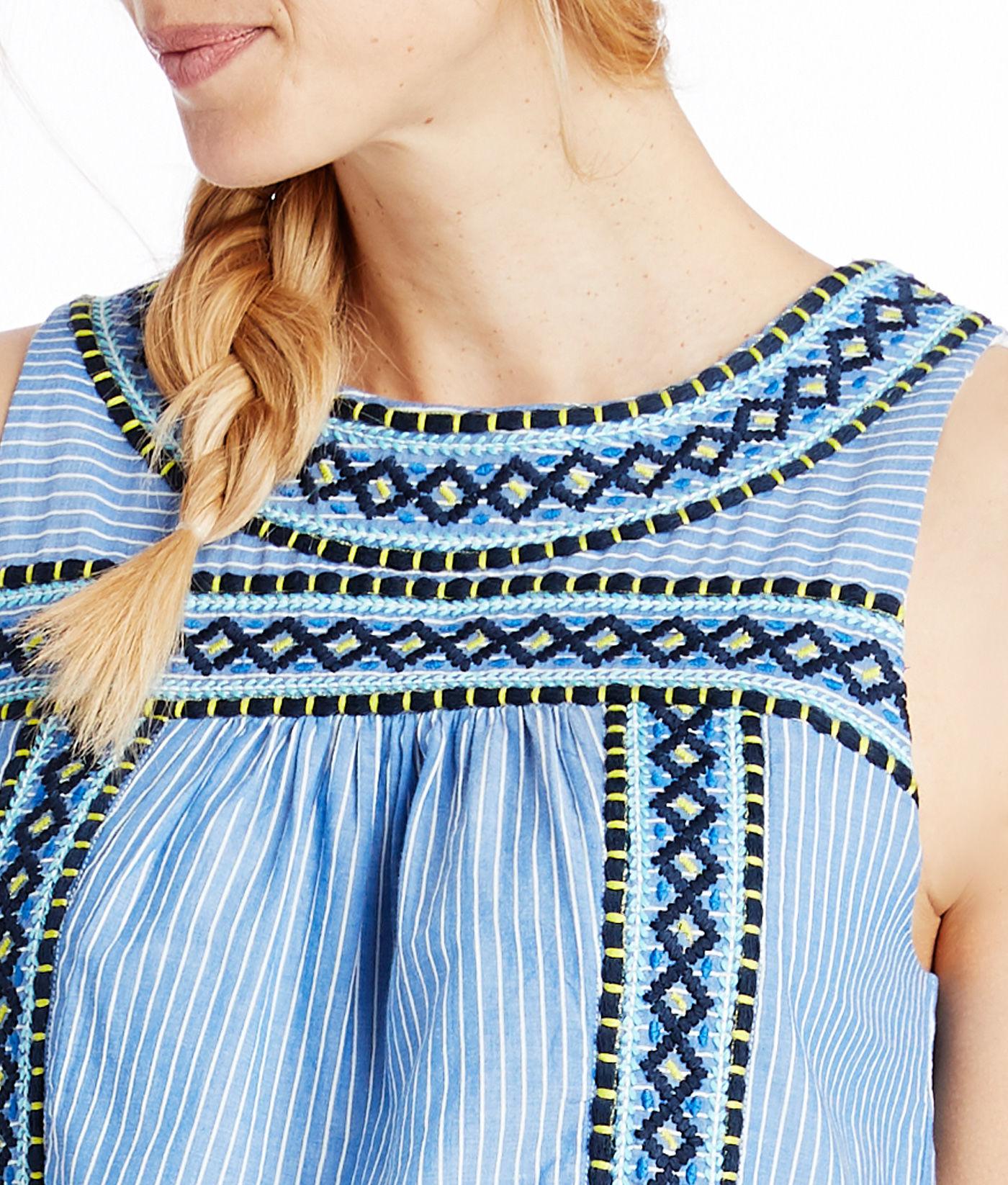 Vineyard Vines Cotton Yarn Dye Stripe Embroidered Shift Dress in Blue