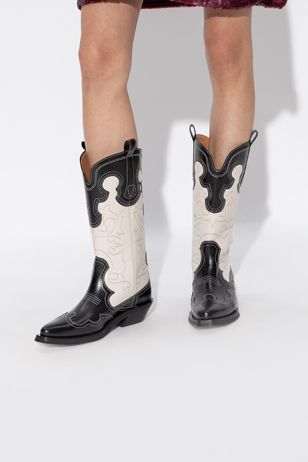 Ganni Leather Cowboy Boots in Black | Lyst