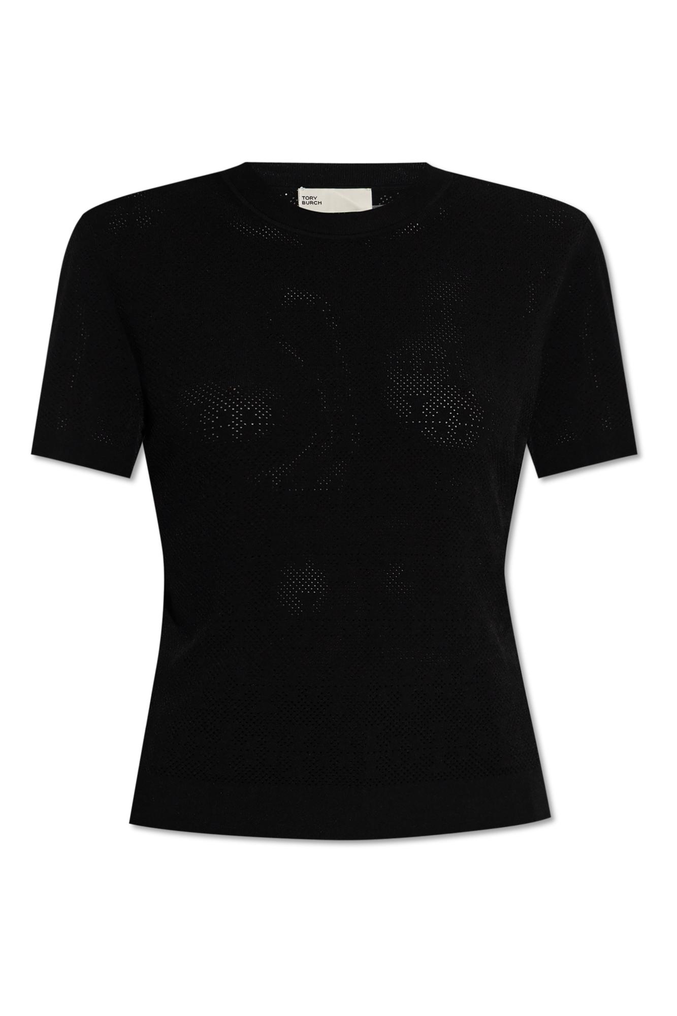 Tシャツ・カットソー Tory Burch Textured Black Button Front Top With V-Neckline Embellished Logo T-Shirt, Black | Tory Burch KW