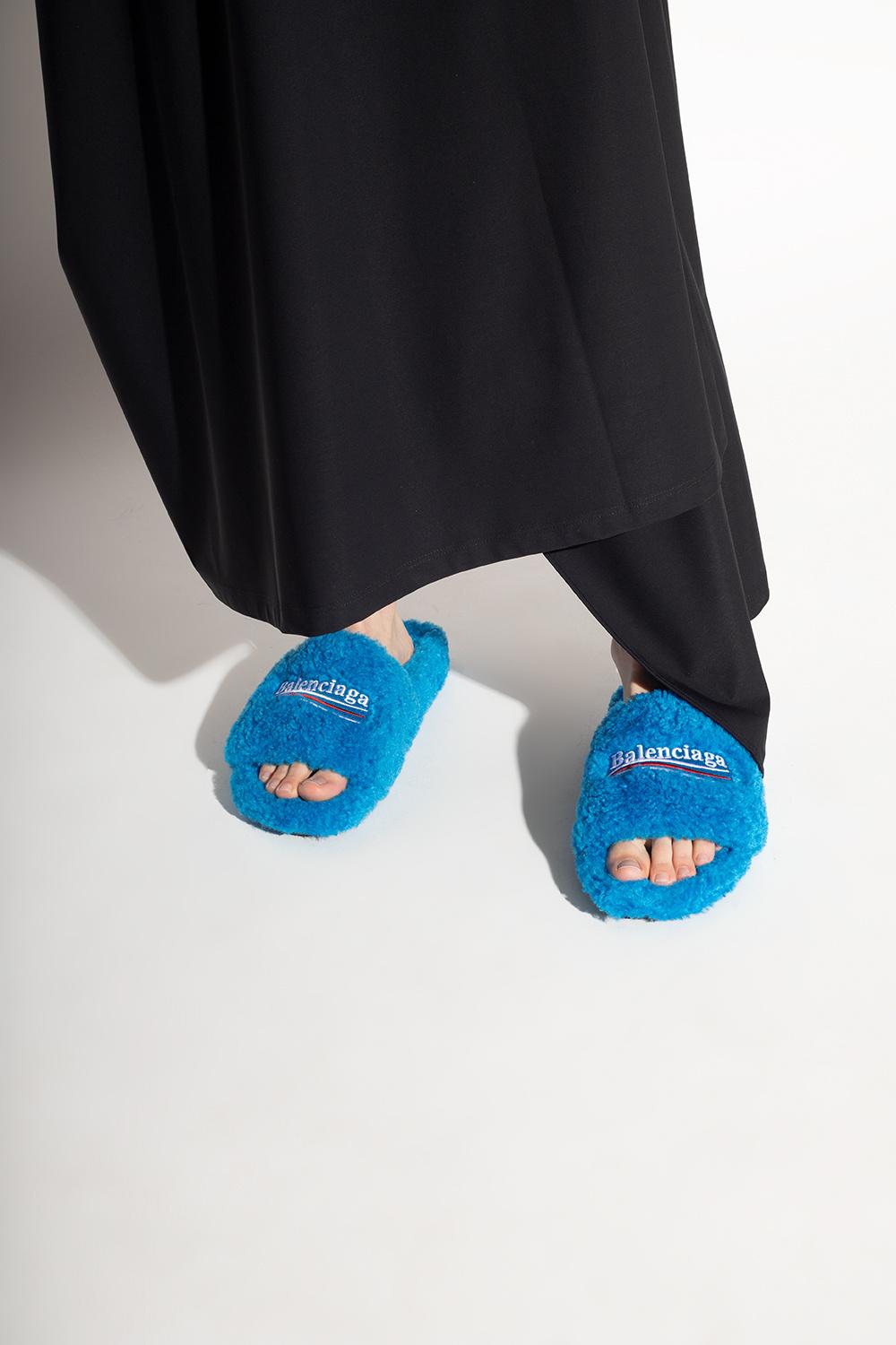 Balenciaga Furry Slides With Logo in Blue | Lyst
