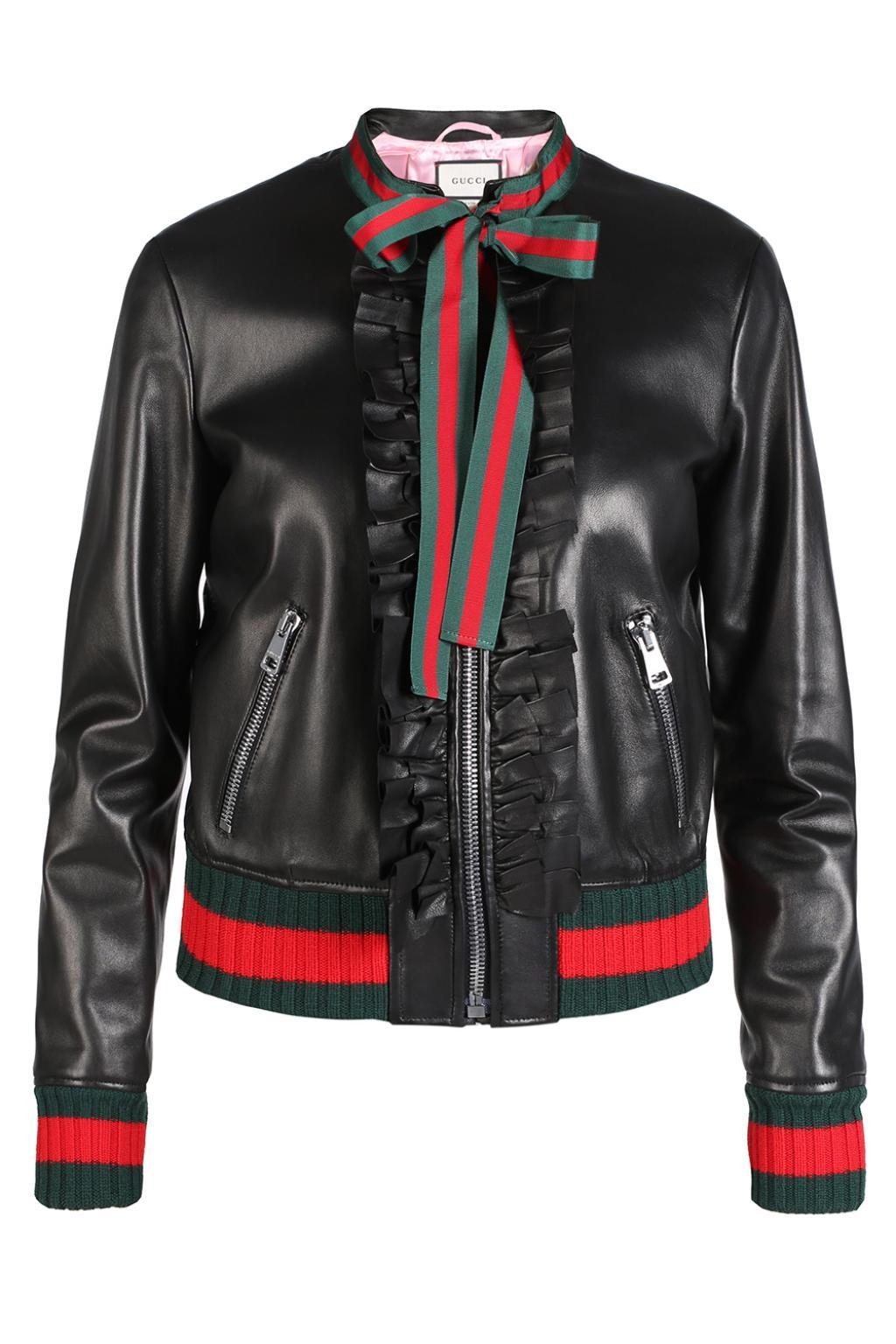 Gucci Ruffle Leather Bomber Jacket in Black | Lyst