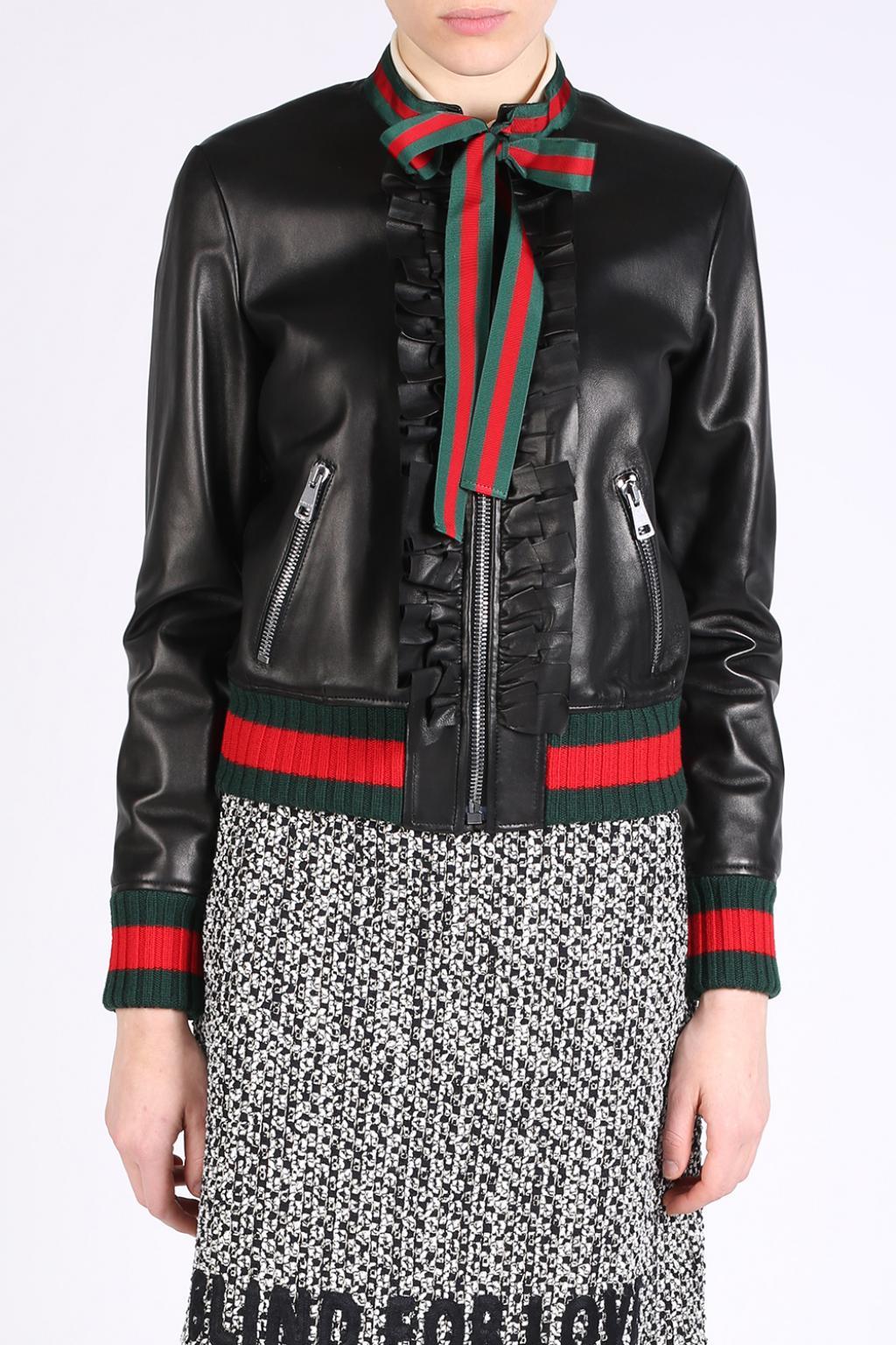Gucci Ruffle Leather Bomber Jacket in Black
