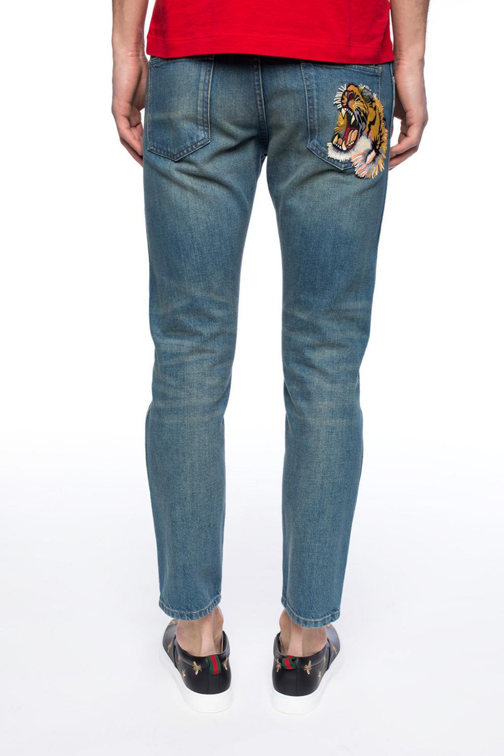 Gucci Denim Embroidered Tiger Head Jeans in Blue for Men | Lyst