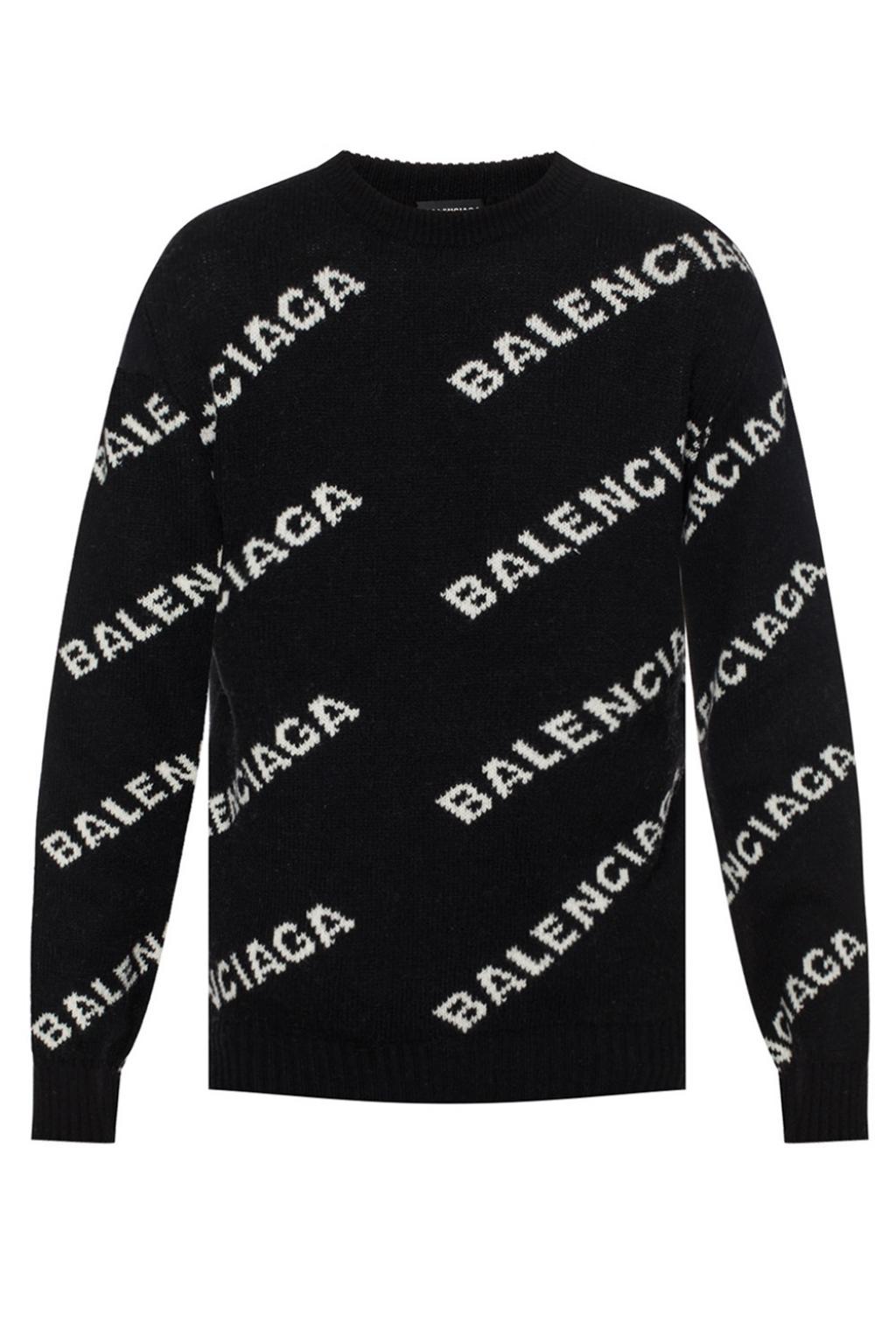 Balenciaga Wool Black And White Jacquard Logo Crewneck Sweater for Men