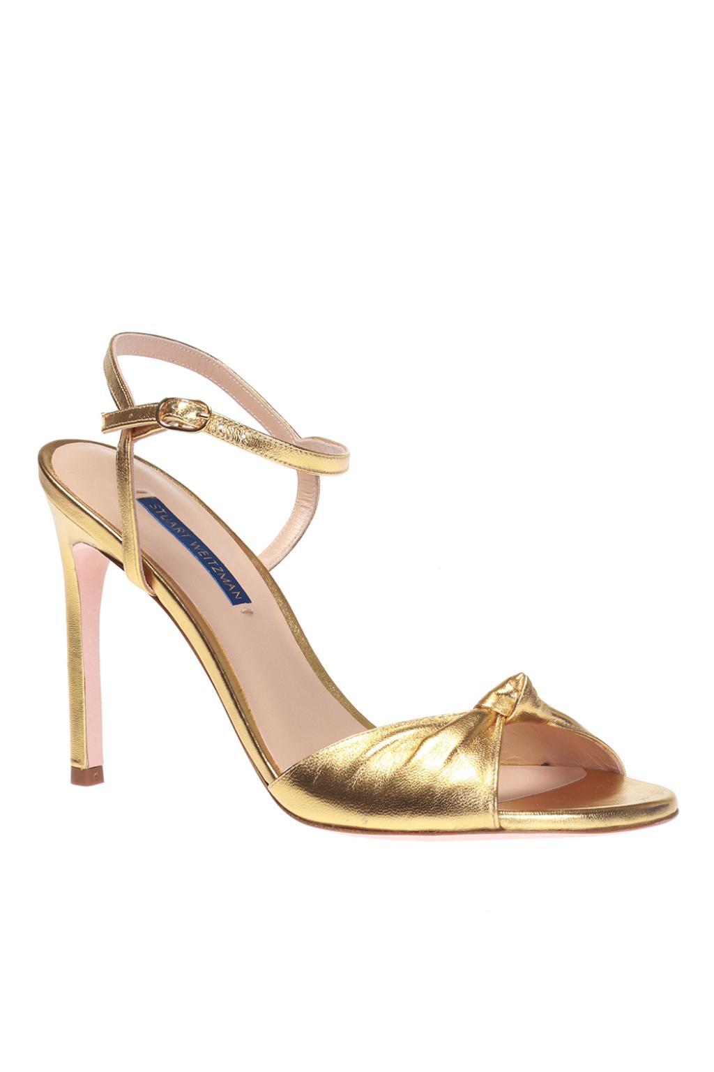 Stuart Weitzman Suede 'gloria' Heeled Sandals in Gold (Metallic) - Lyst