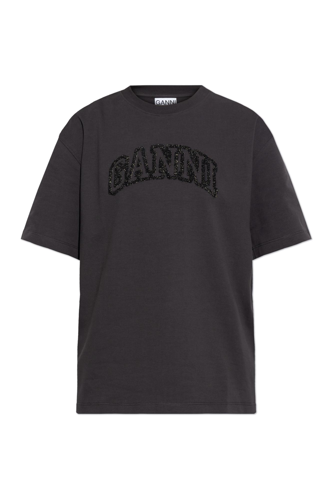 Ganni ガニー Black T-Shirt with Round Neck and Maxi Logo Ganni Logo Crystal-embellished Cotton T-shirt Dark Grey GANNI