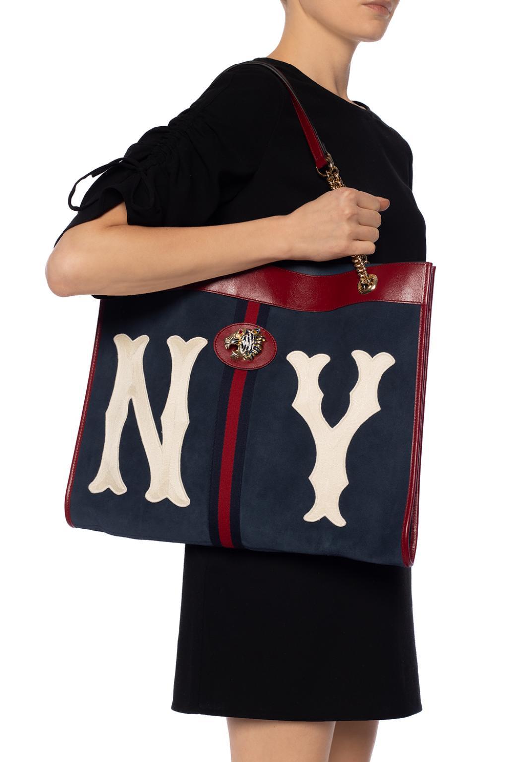 Gucci Rajah Ny Yankees Large Suede & Leather Tote in Blue | Lyst