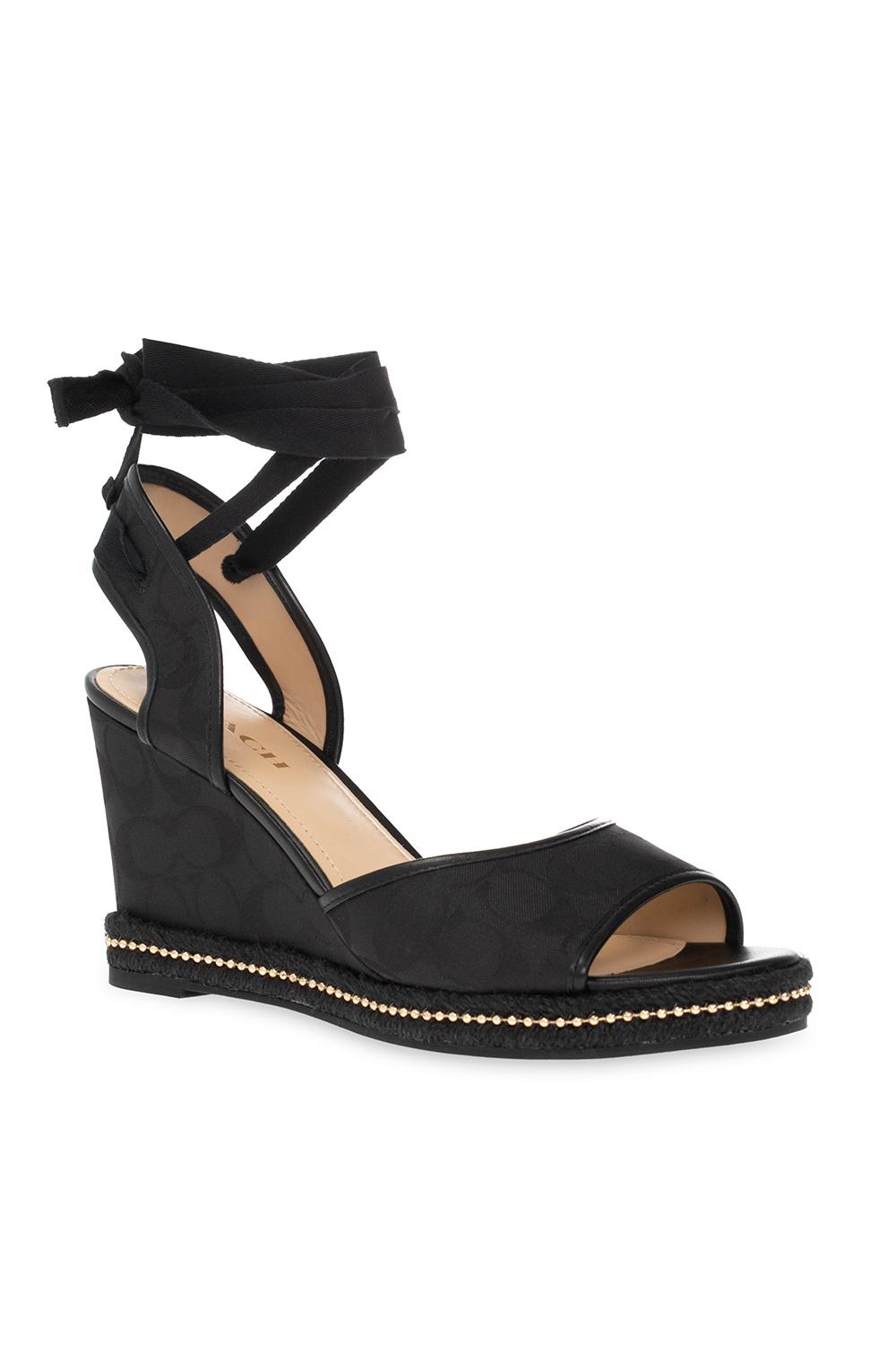 靴 Coach Peeptoe Logo Fabric Wedges (Black) Coach Black Peep-Toe Logo Wedges with Silver Accent EUC 10