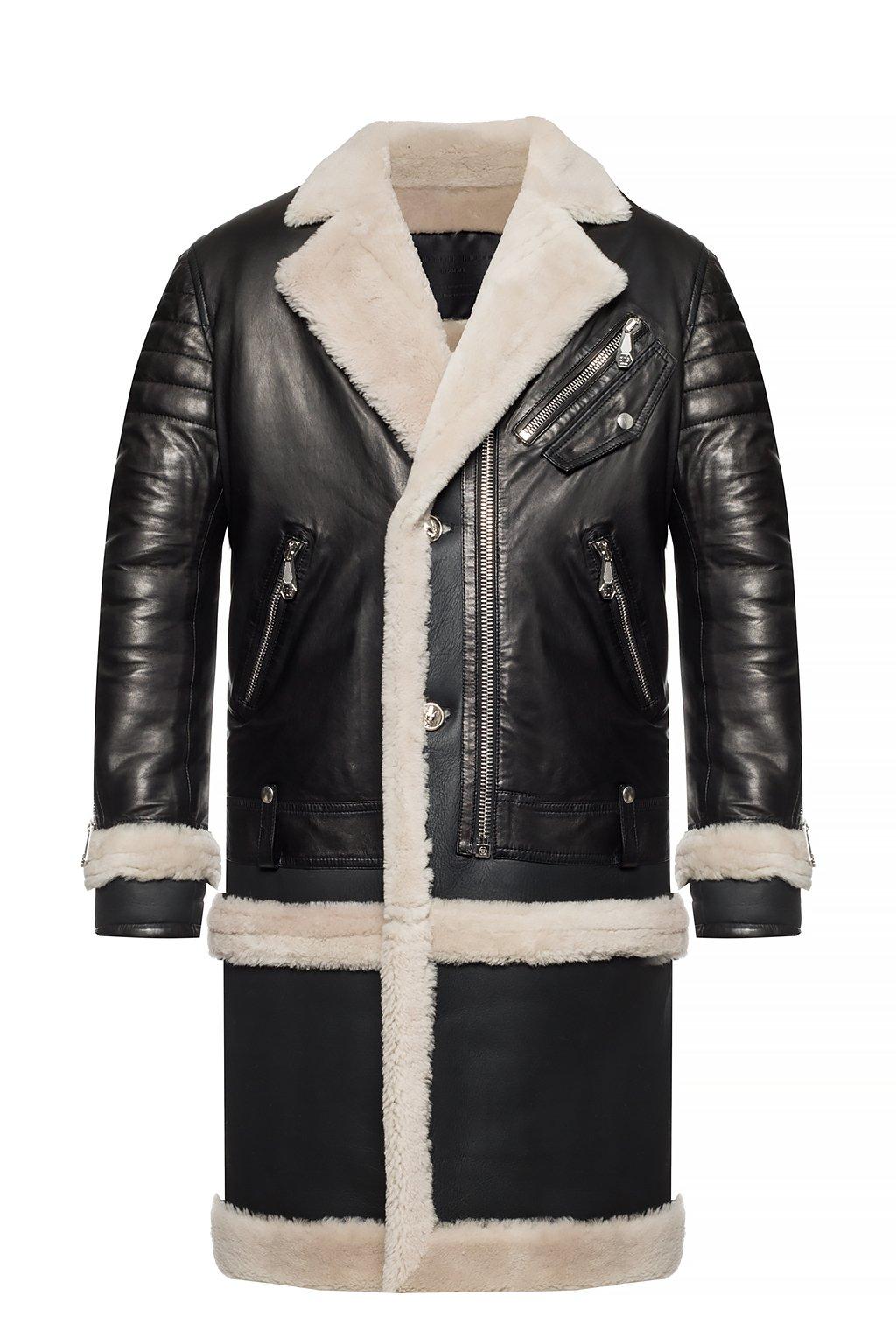 Philipp Plein Leather Coat With Fur Trim in Black for Men - Lyst