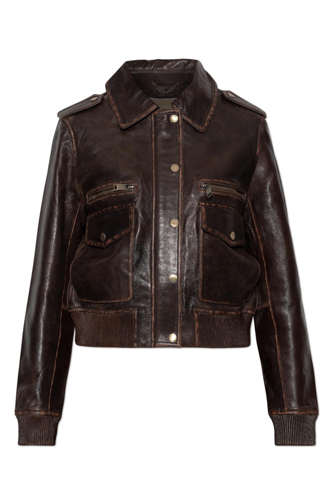 Michael kors brown leather jacket womens hotsell