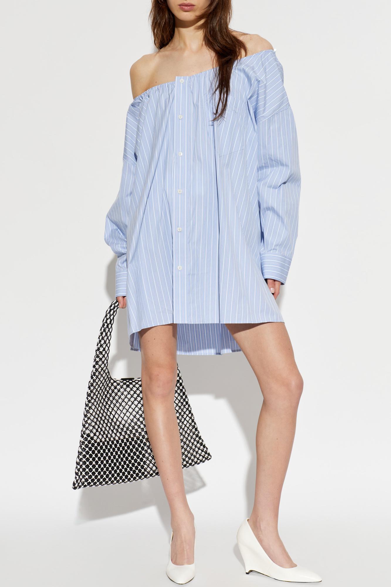 alexander wang wrap front off the shoulder shirt dress Alexander Wang Off-shoulder Asymmetric Shirtdress in Blue