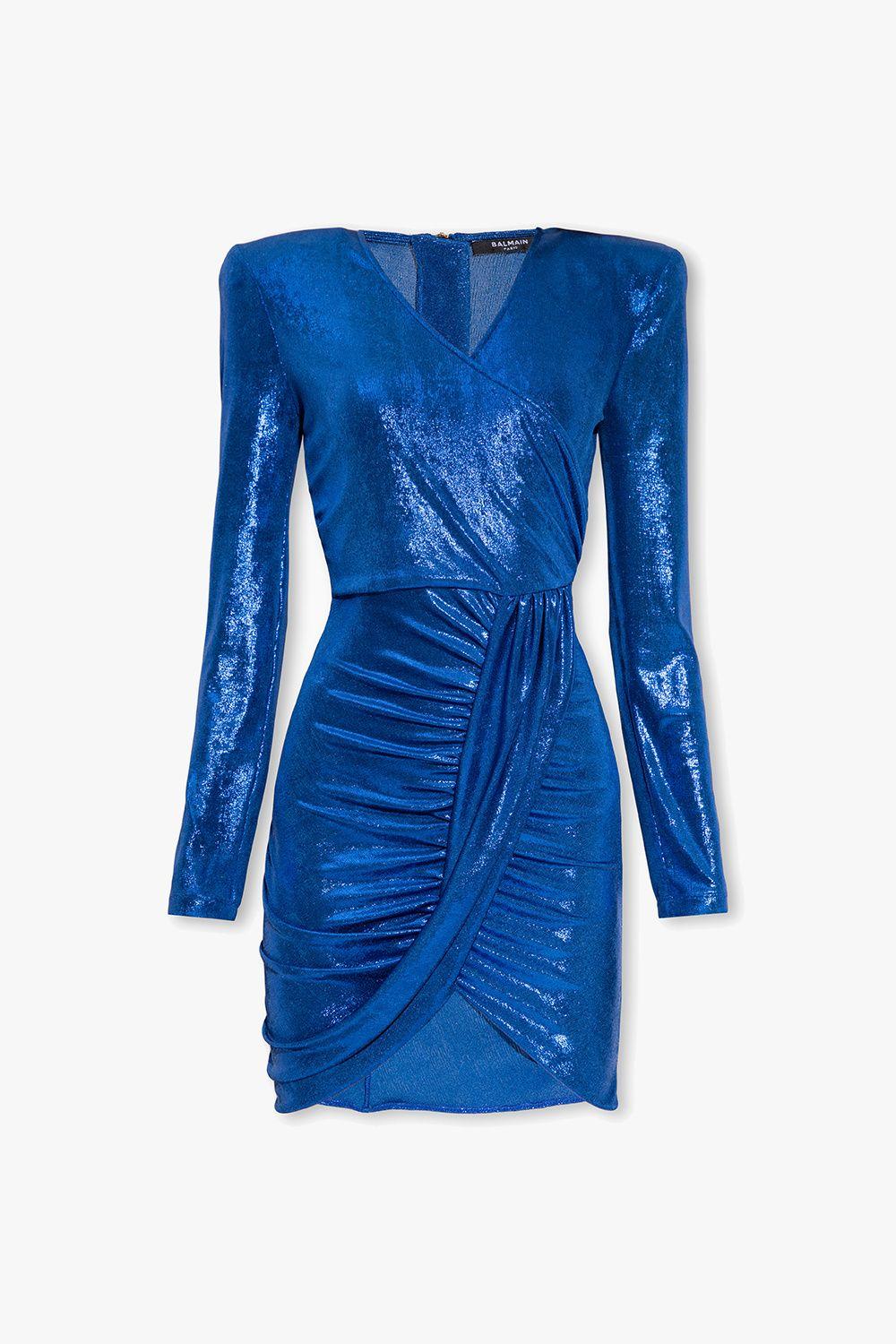 Balmain Draped Dress in Blue | Lyst