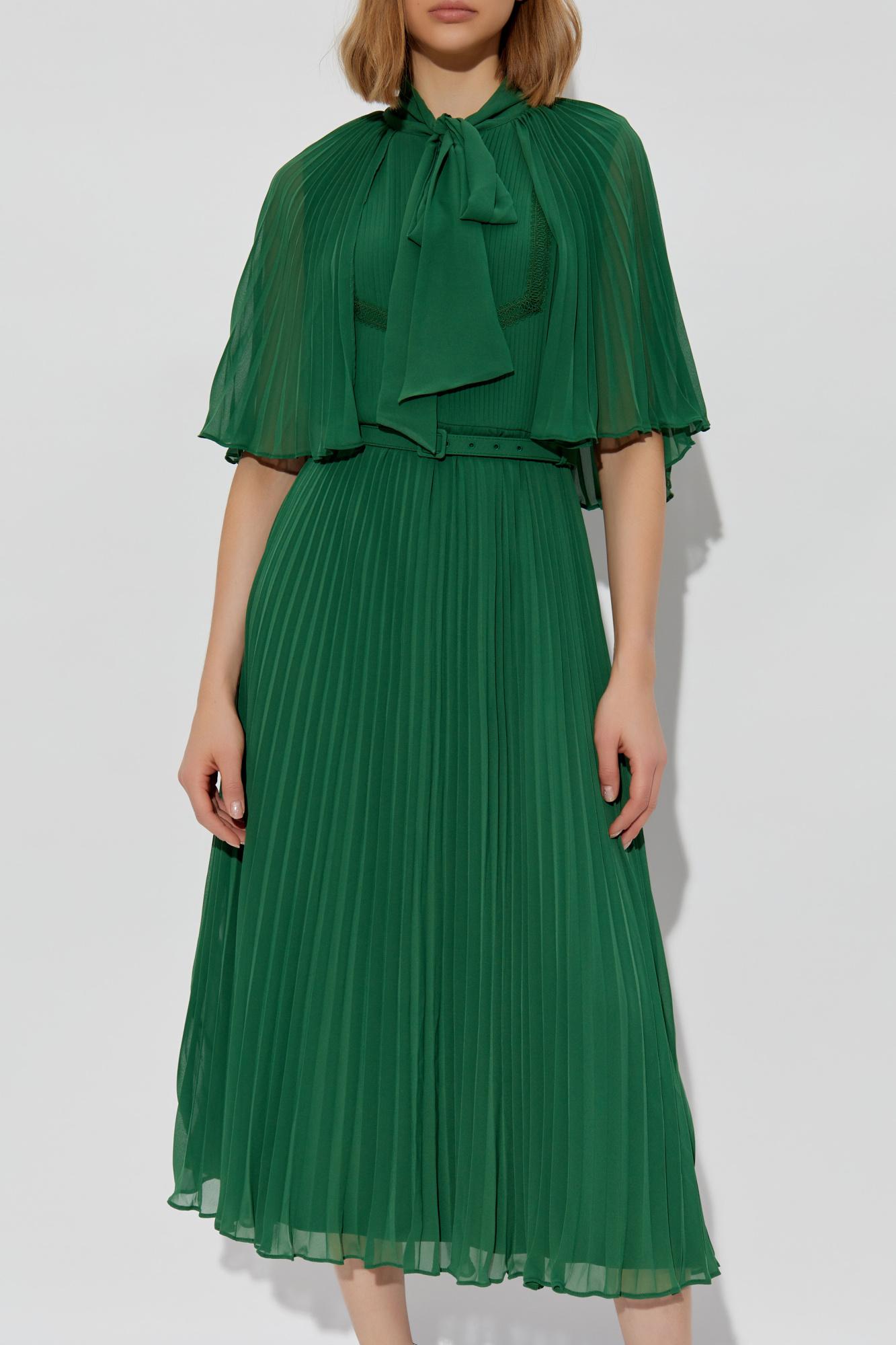 self portrait green pleated dress Green Metallic Tie Neck Maxi Dress  self-portrait-US