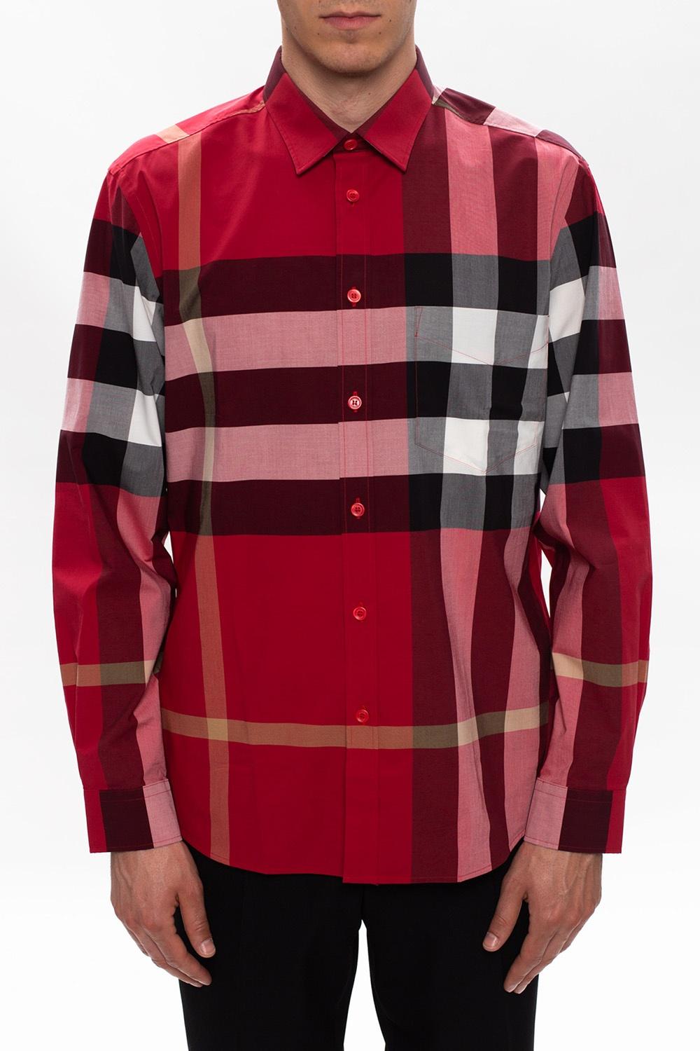 Burberry Check Stretch Cotton Poplin Shirt in Red for Men | Lyst