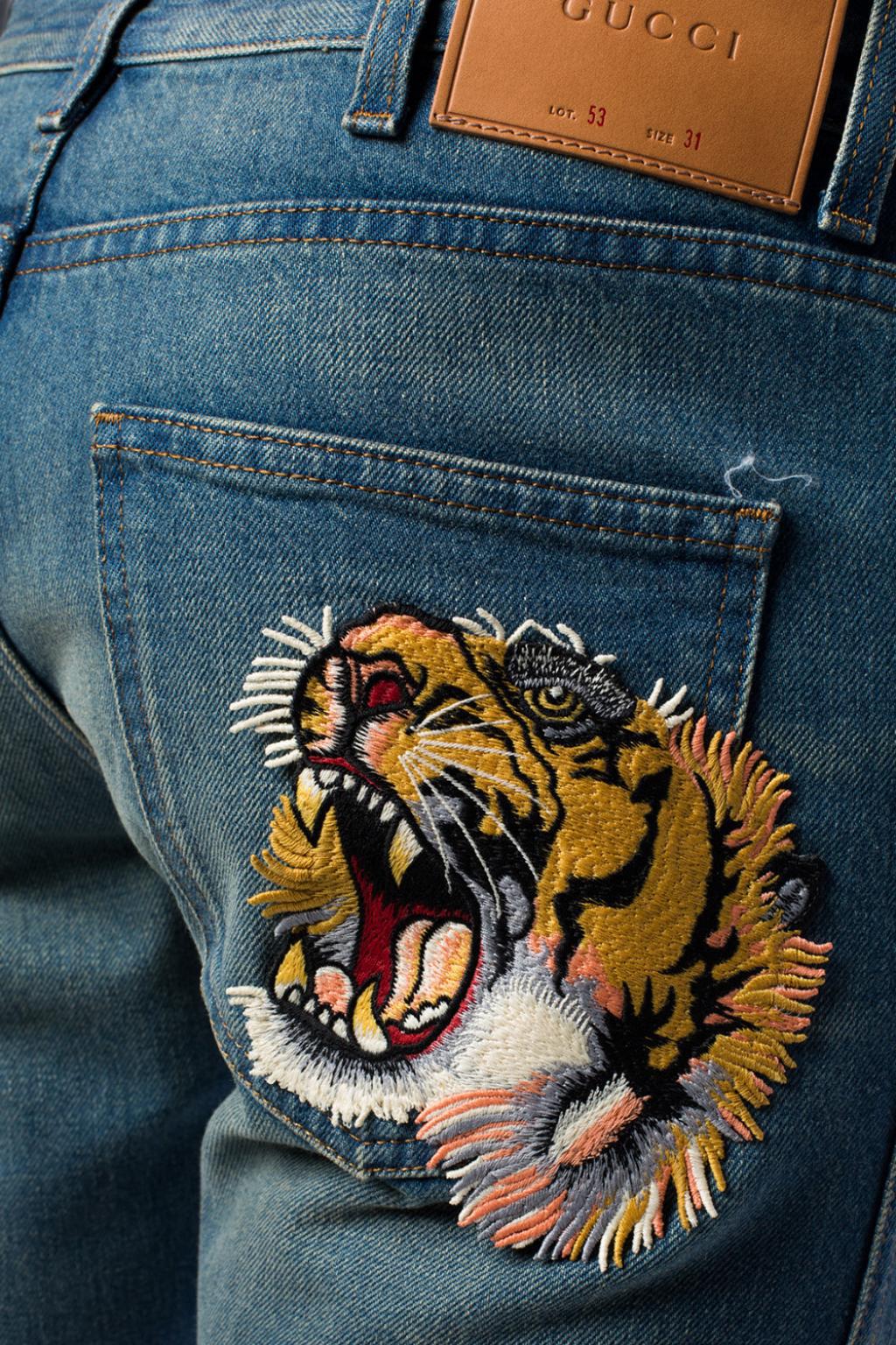 Gucci Embroidered Tiger Head Jeans Blue for Men | Lyst