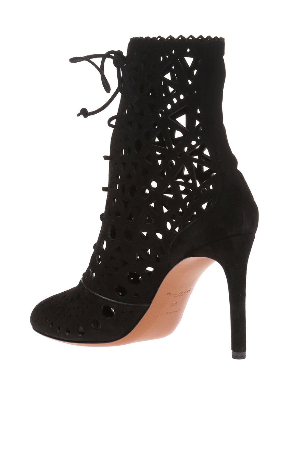 Alaïa Suede Heeled Boots With An Openwork Pattern in Black - Lyst