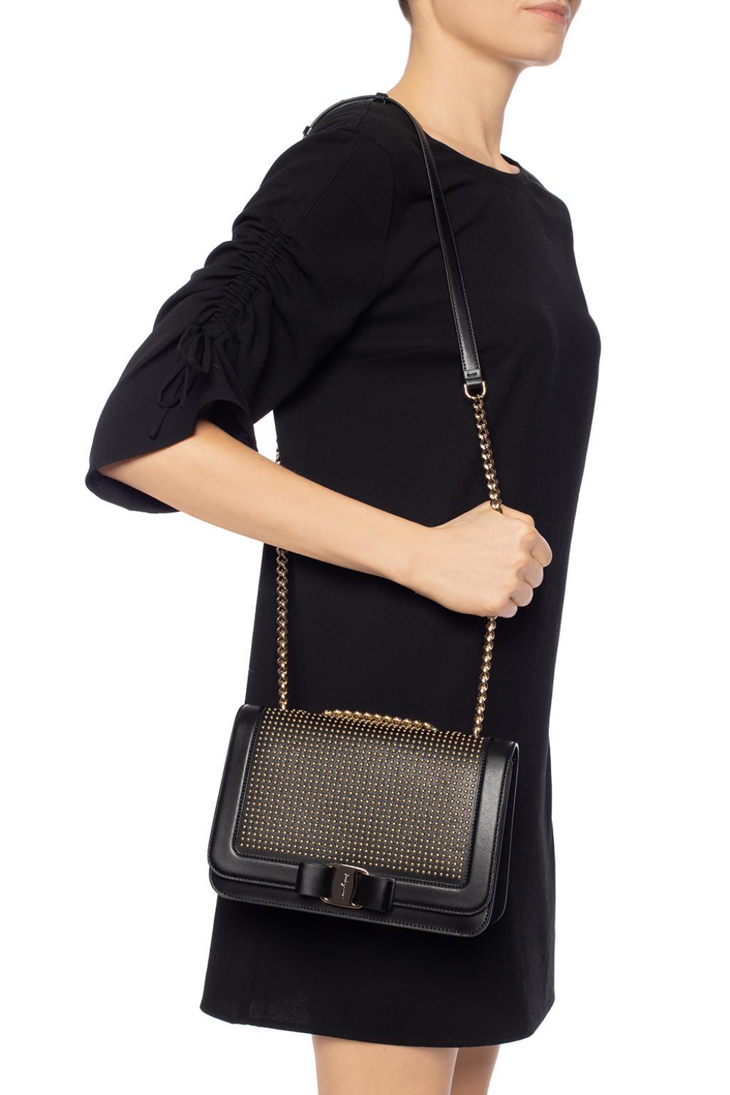 Ferragamo Leather Vara Bow Studded Shoulder Bag in Black - Lyst
