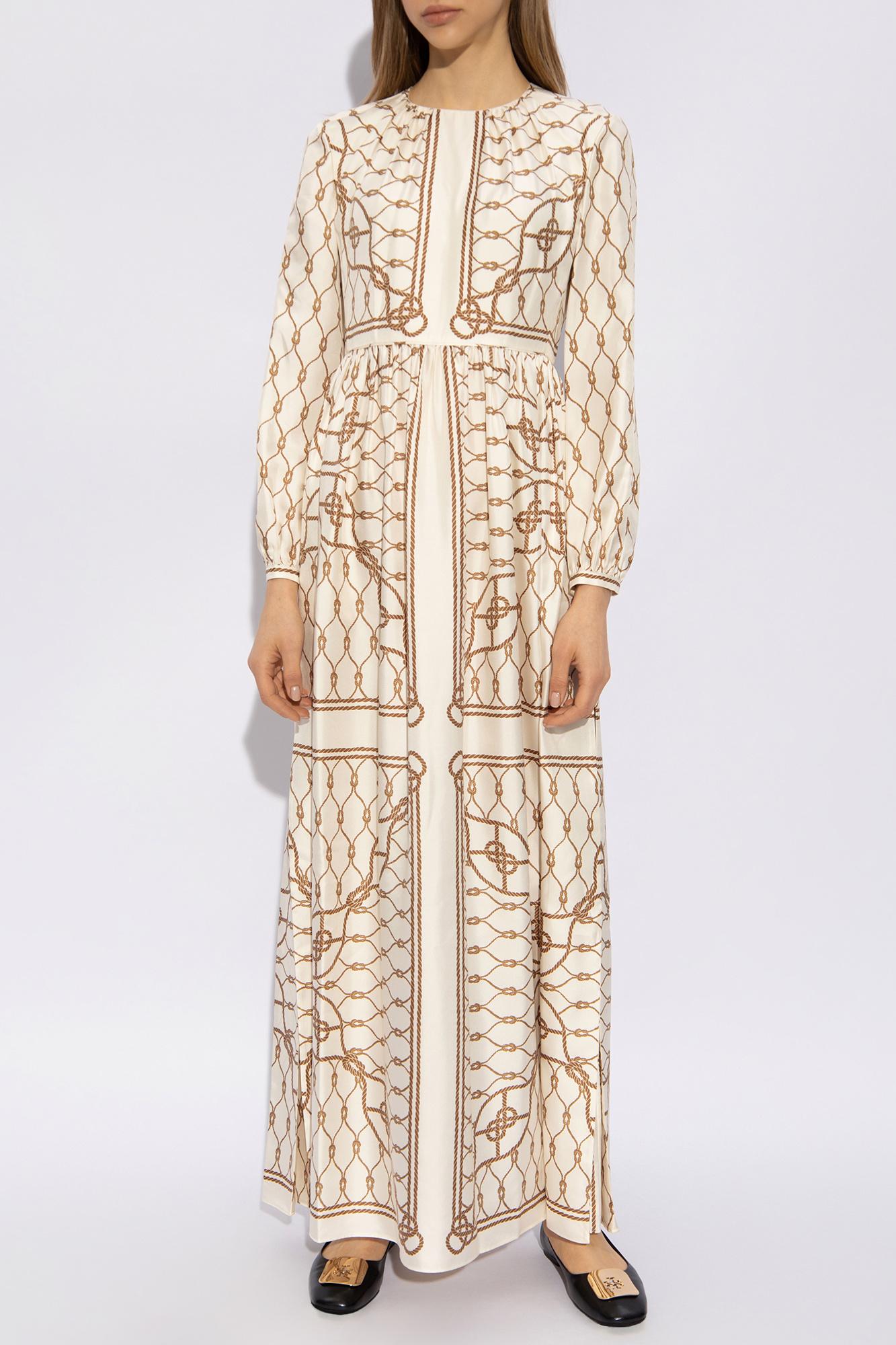 TORY BURCH Silk dress with pixelated logo print ワンピース Tory Burch Silk Dress in Natural | Lyst
