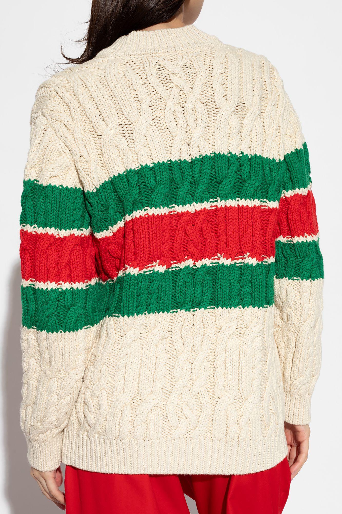 Gucci Striped Cable-knit Cotton-blend Cardigan in Natural Lyst