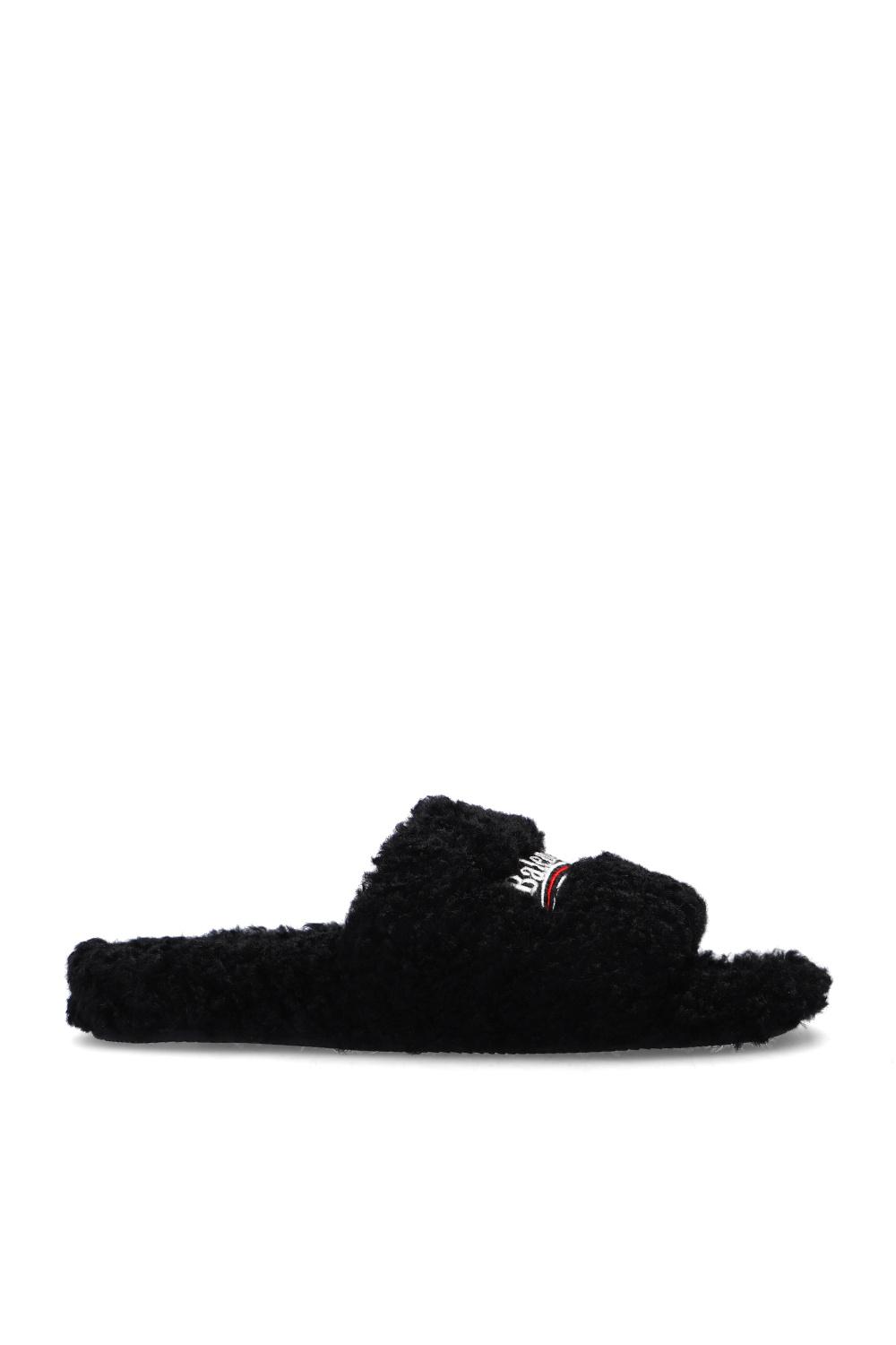 Balenciaga Faux Fur Slides With Logo in Black | Lyst