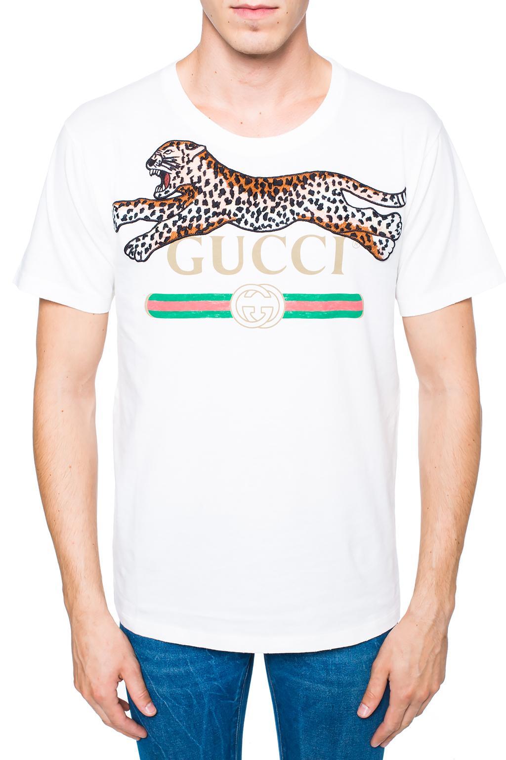 Gucci Cotton Leopard-appliqué T-shirt in White for Men - Lyst