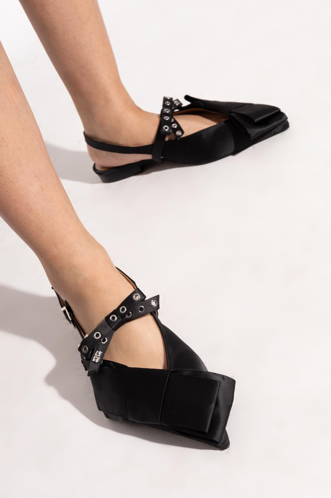 GANNI Womens Black Ankle Tie Bow Accent Padded Square Toe Lace-Up Heeled