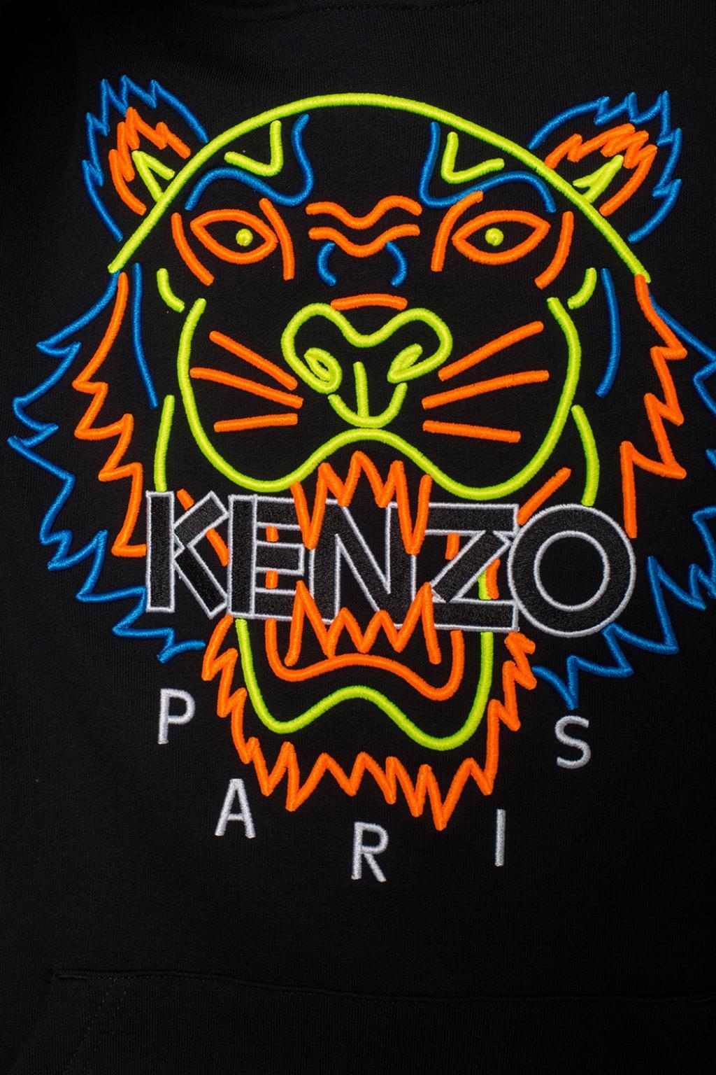 KENZO Neon Tiger Embroidered Hooded Cotton Jumper in Black for Men