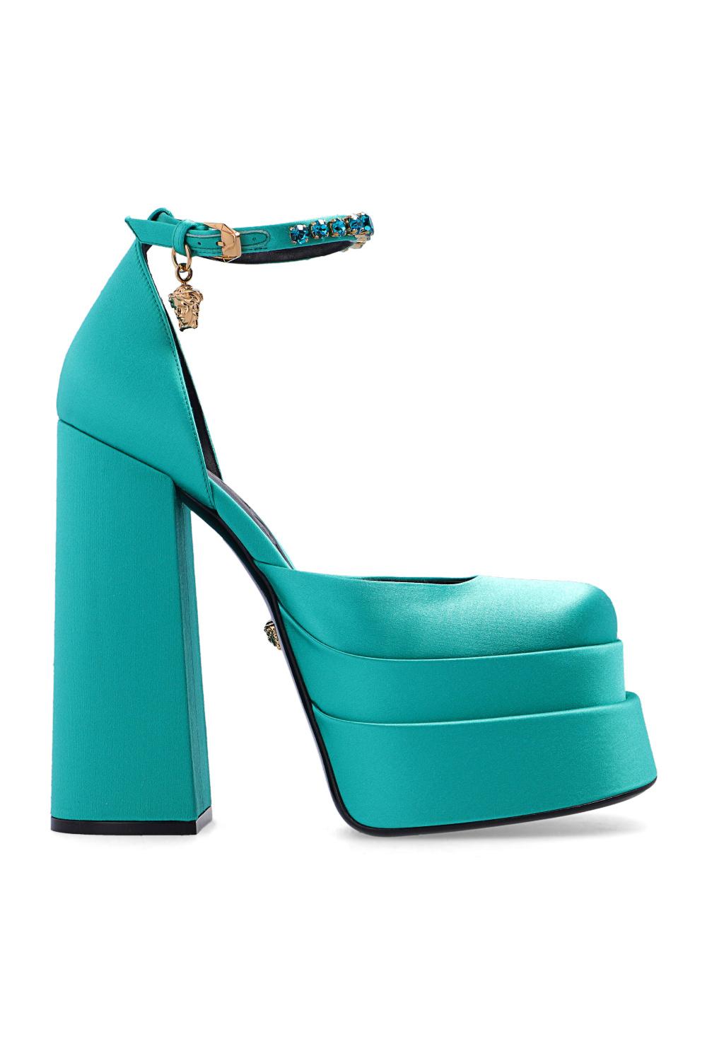 Versace Silk Blue Medusa Aevitas Platform Heels in Green Womens Shoes Heels Platform heels and court shoes 