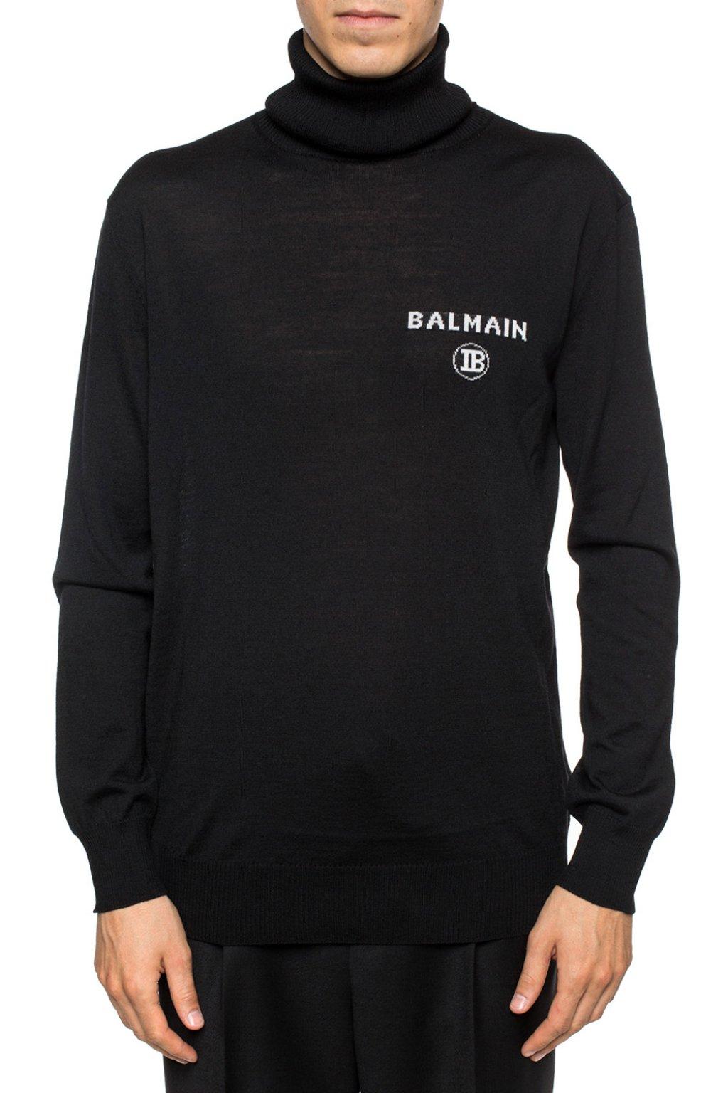 Balmain Wool Intarsia Logo Turtleneck Sweater in Black for Men - Save 5 ...