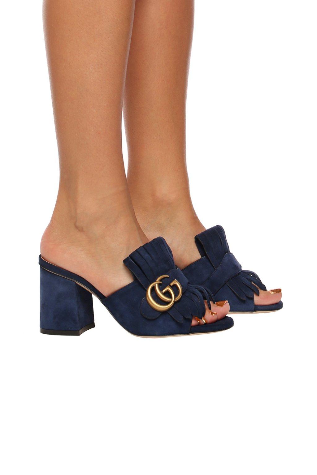 Gucci Suede Mid Heel Gg Mules in Navy 