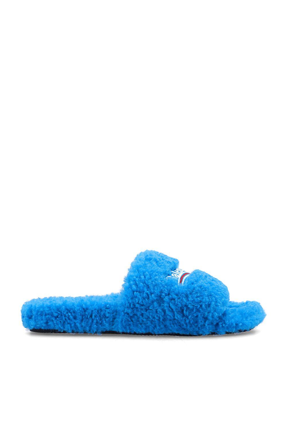 Balenciaga faux-shearling embroidered logo slides - Neutrals