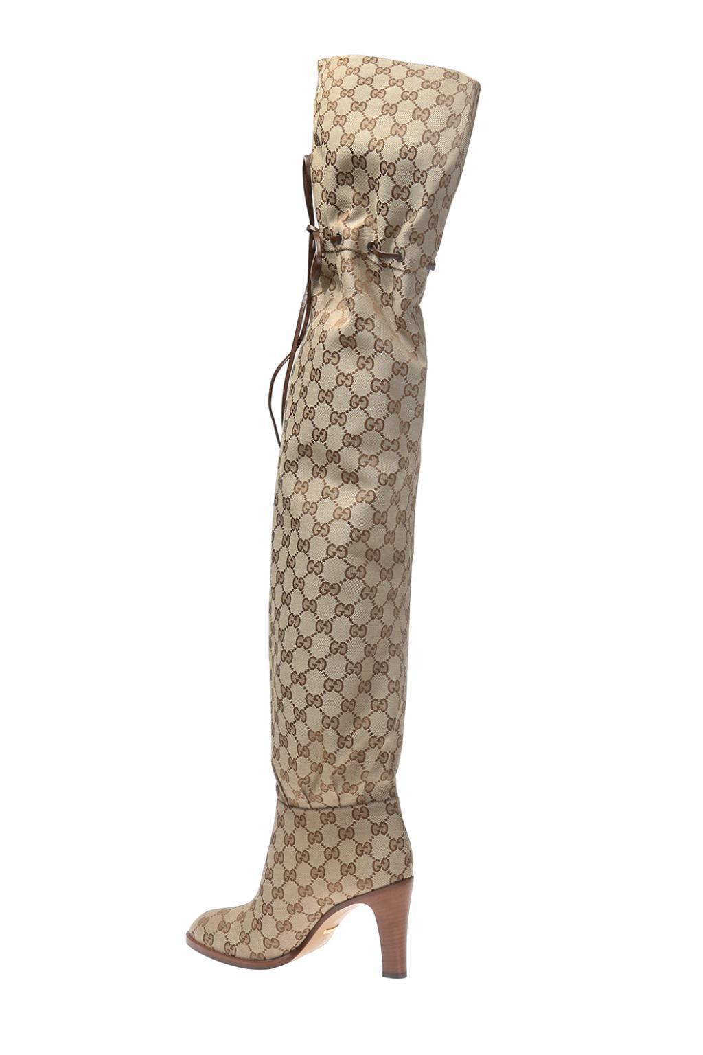 Gucci Leather Heeled Thigh-high Boots in Natural - Lyst