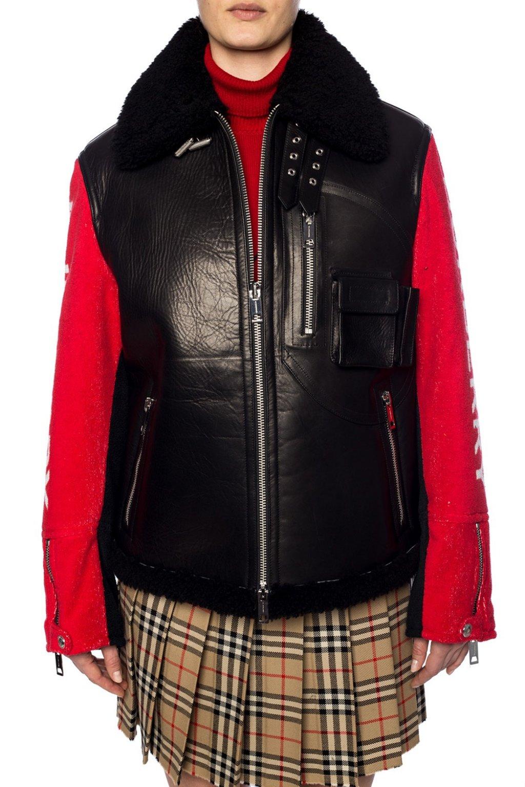 Black Burberry Paneled Leather Shearling And Cotton-terry Jacket in Black/Red Womens Clothing Jackets Leather jackets - Save 35% 