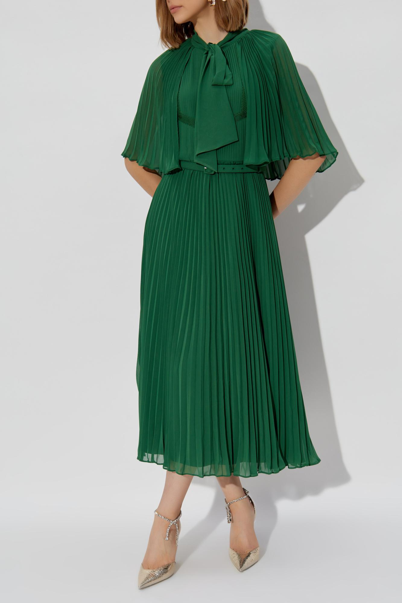 self portrait green pleated dress SELF PORTRAIT Green Faux Pearl-embellished Pleated Chiffon Midi Dress –  Reliked main image 0